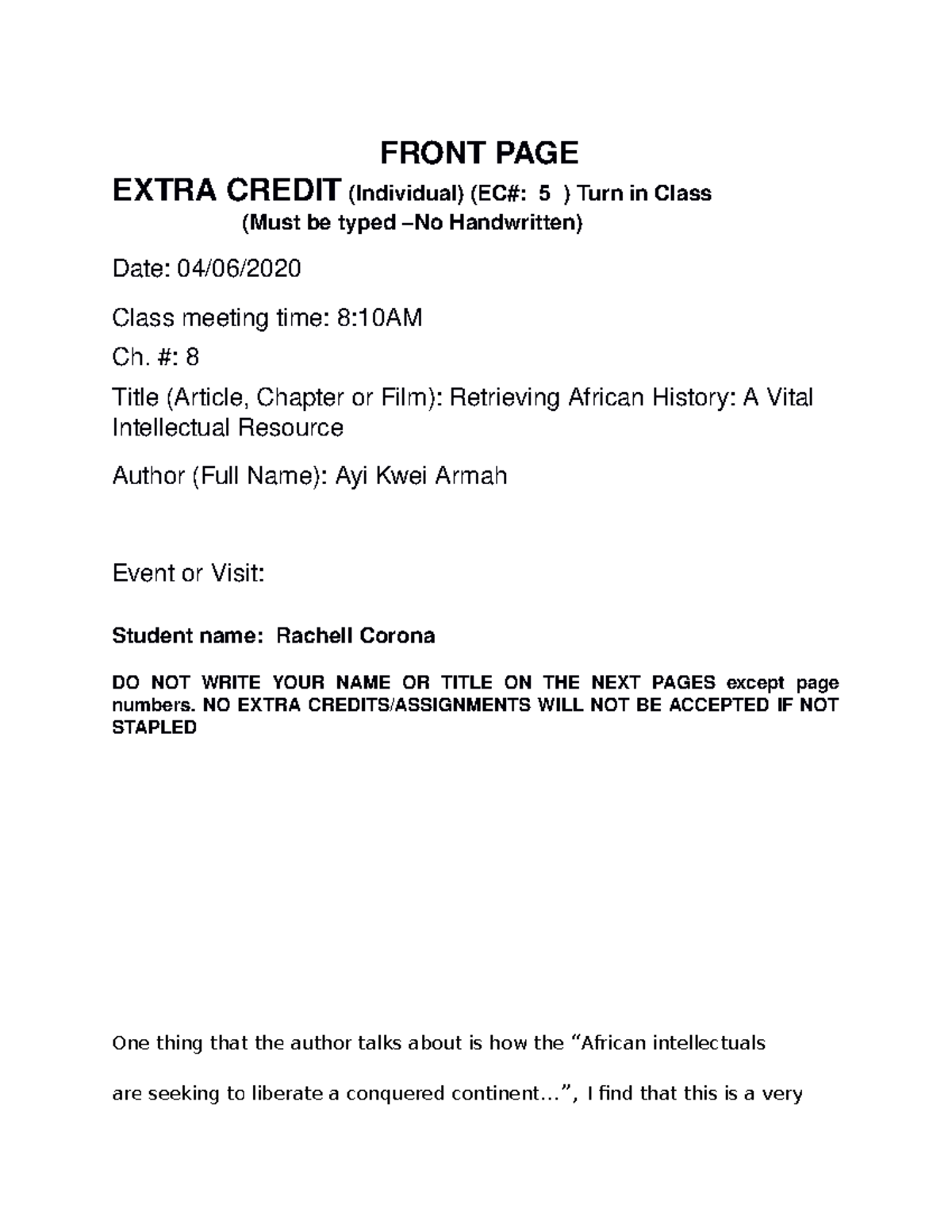 Extra Credit 5 - FRONT PAGE EXTRA CREDIT (Individual) (EC#: 5 ) Turn in ...