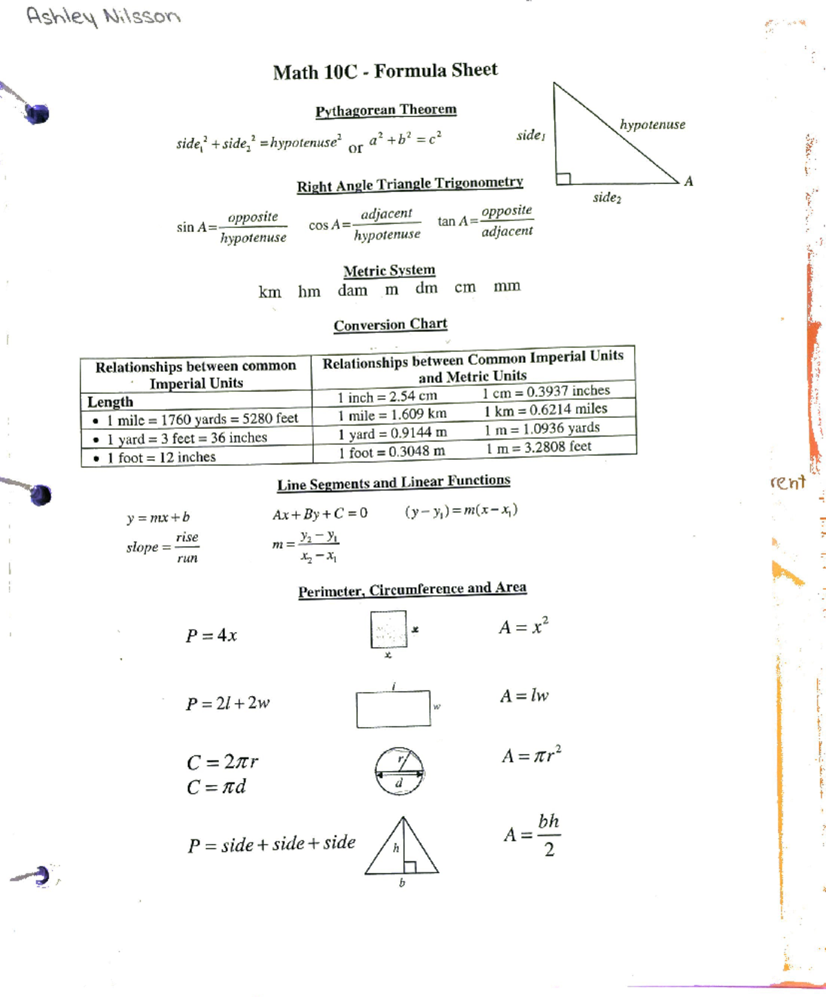 Grade 10 Math Formula Sheet - Studocu