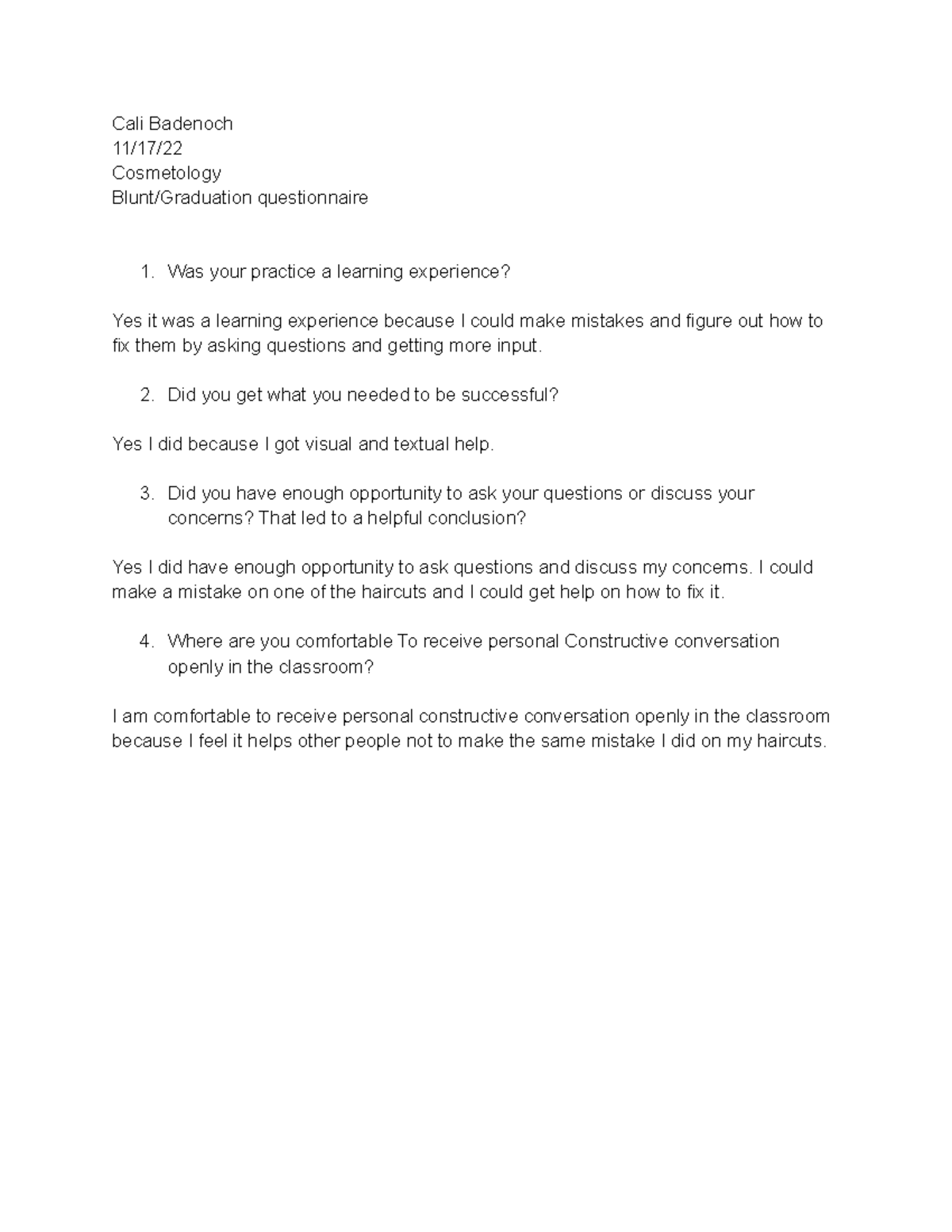 Blunt Graduation Questionaire - Cali Badenoch 11/17/ Cosmetology Blunt ...