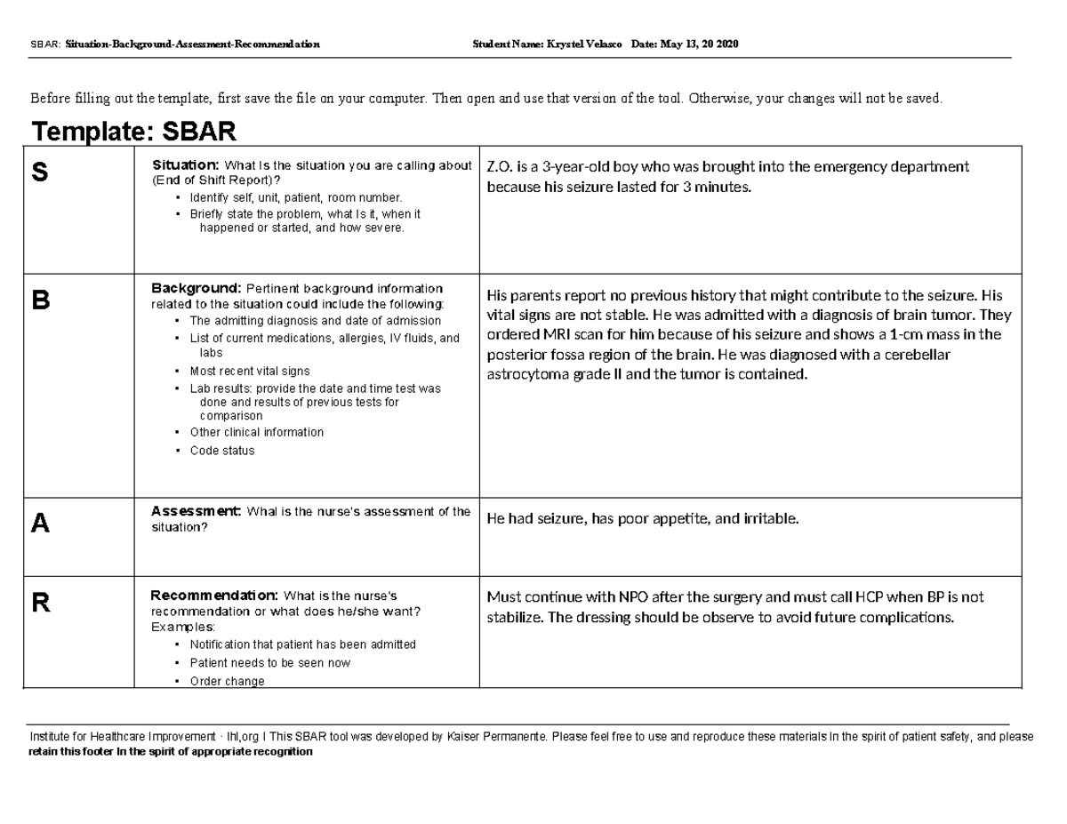 Velasco - Homework - SBAR: Situation-Background-Assessment ...