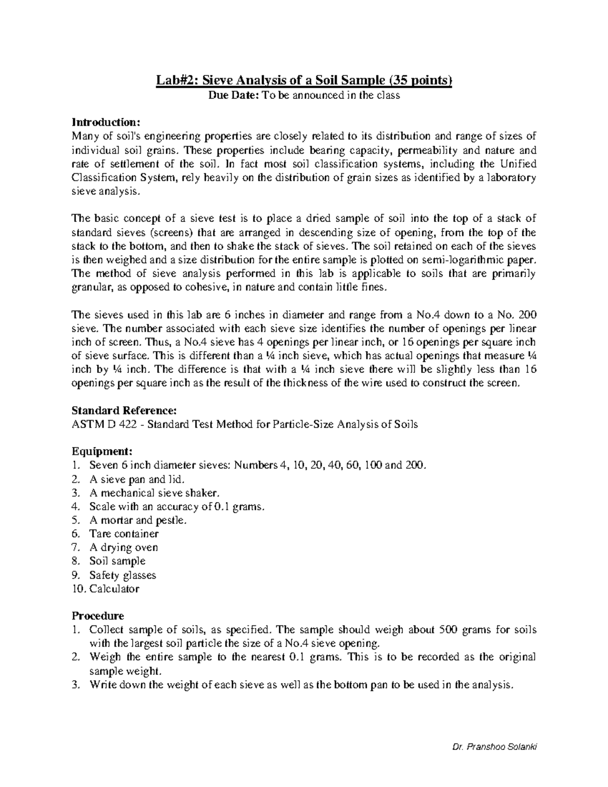 Lab 2 Sieve Analysis of Soil Sample Lab2 Sieve Analysis of a Soil