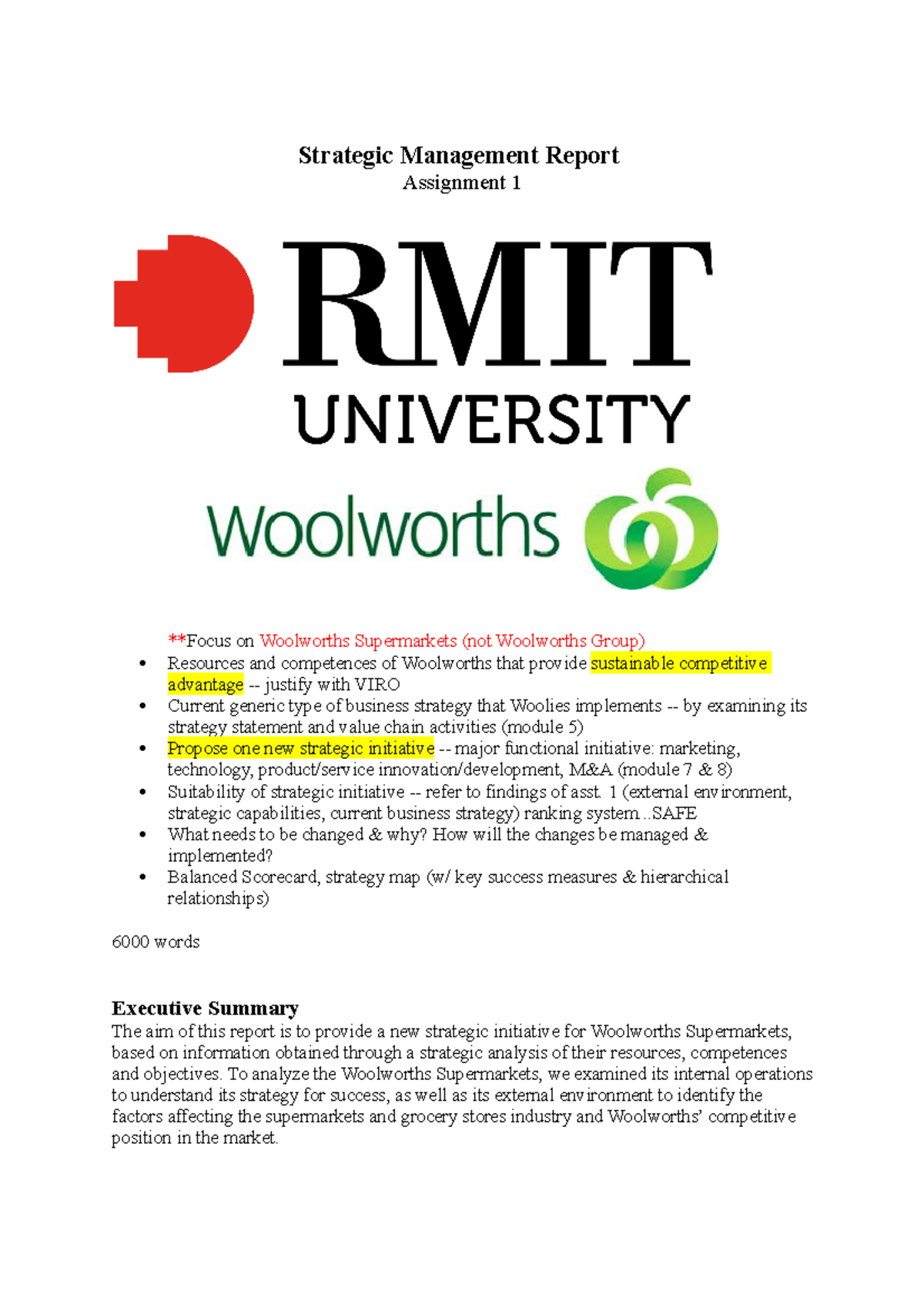 Sm Woolworths Strategic Management Report Assignment 1 **Focus on