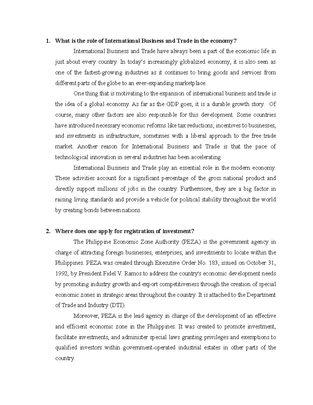 Role Of International Business And Trade In The Economy 1 What Is 