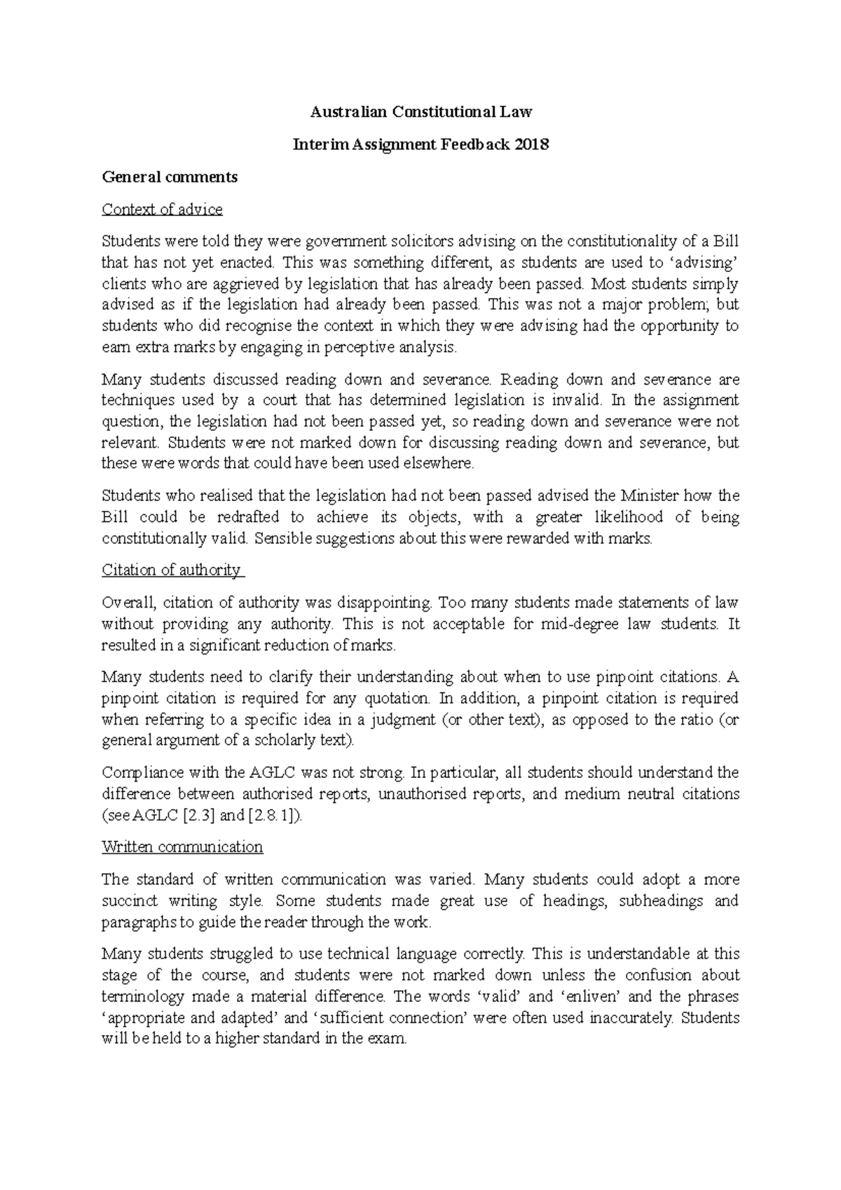 2018 Interim Assignment feedback notes - Australian Constitutional Law ...