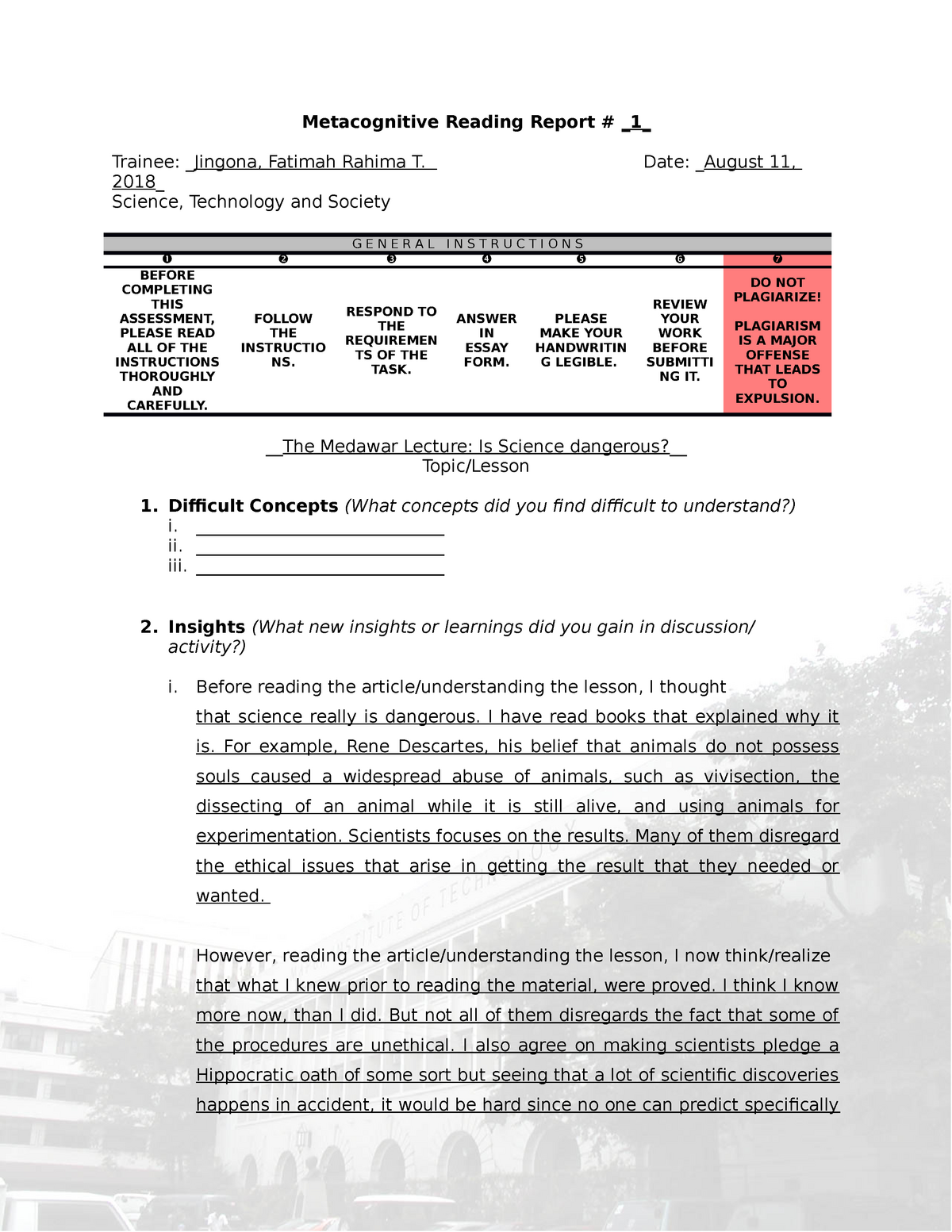 assignment 3 metacognitive reading report sts