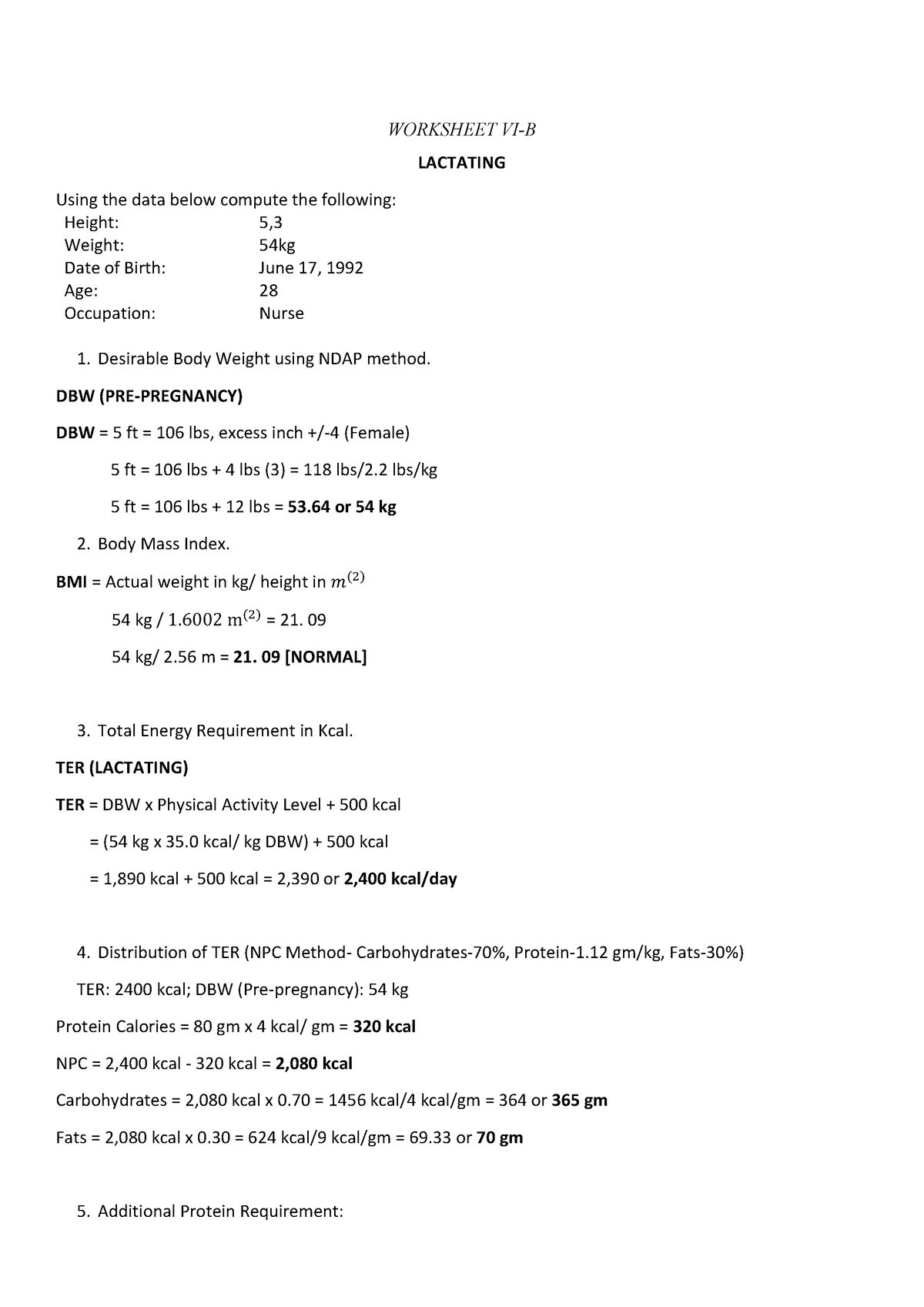 Nutrition Lab Activity- Lactation - WORKSHEET VI-B LACTATING Using the ...