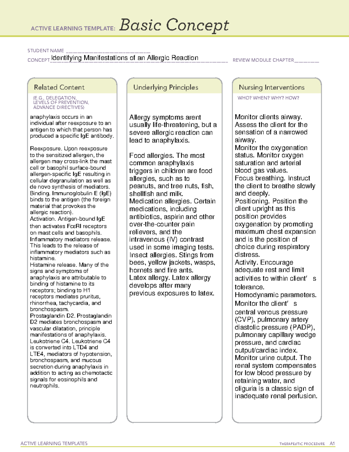 Manisfestations of an allergic reaction ACTIVE LEARNING TEMPLATES