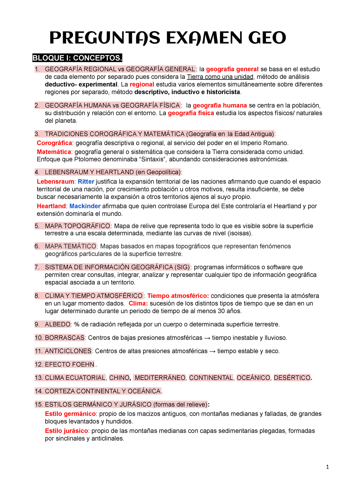 Preguntas Examen Geografía - PREGUNTAS EXAMEN GEO BLOQUE I: CONCEPTOS ...