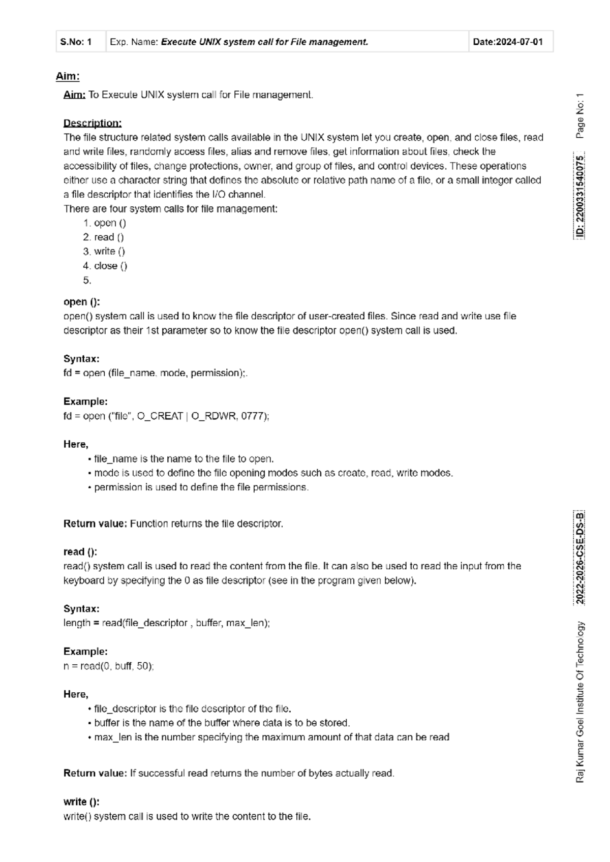 1 - NOtes - S: 1 Exp. Name: Execute UNIX system call for File ...