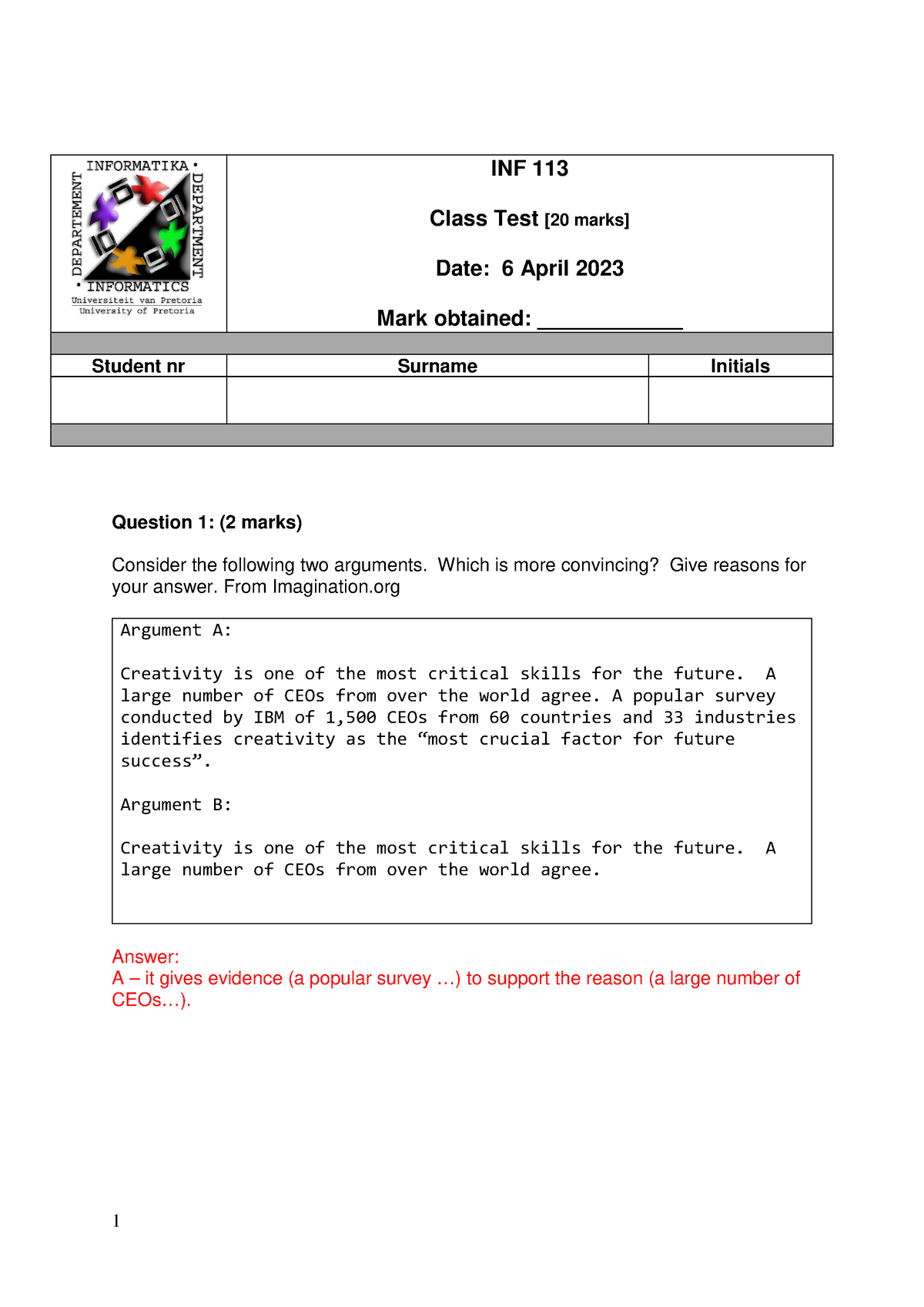 INF 113 Class Test 2023 Memo - INF 113 Class Test [20 Marks] Date: 6 ...