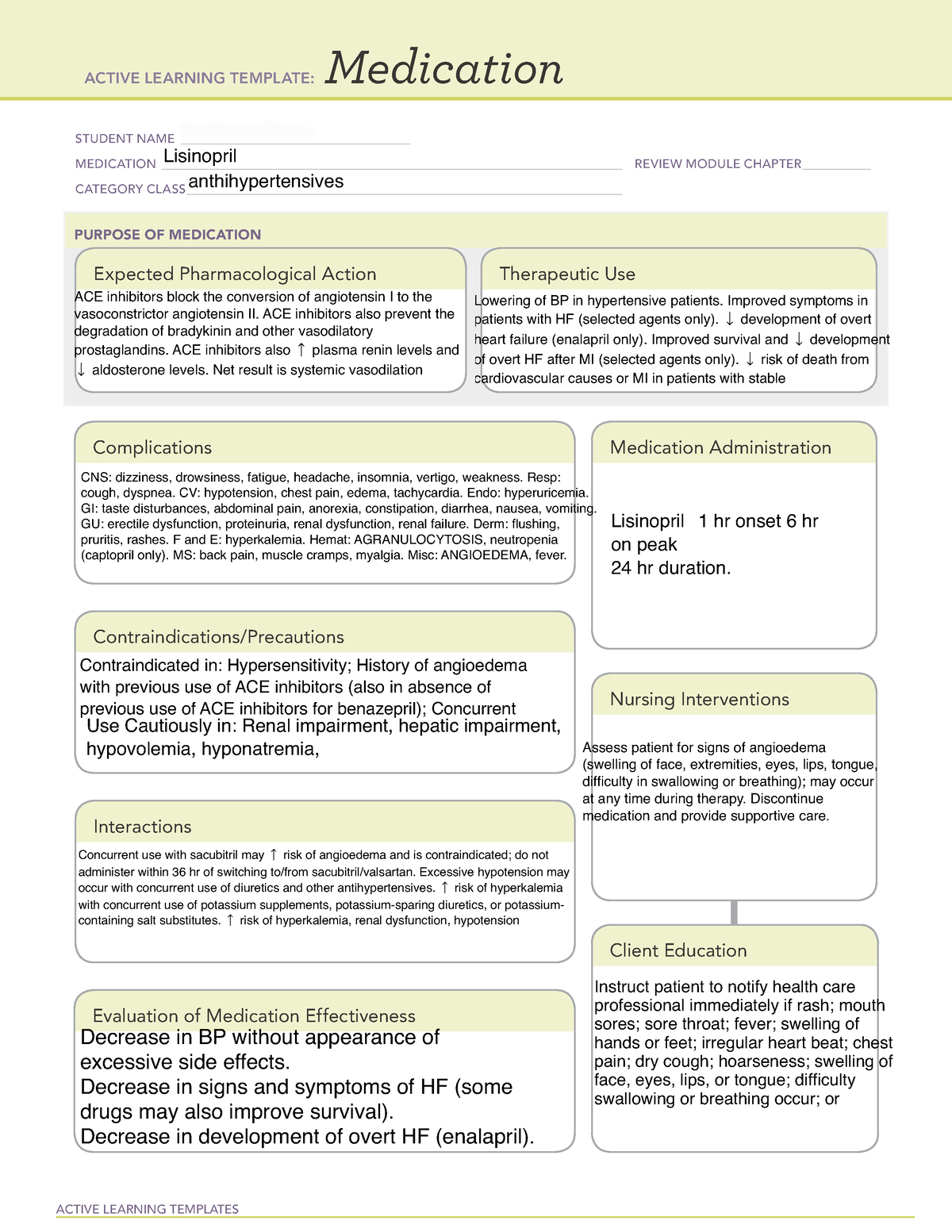 Lisinopril med template ACTIVE LEARNING TEMPLATES Medication STUDENT