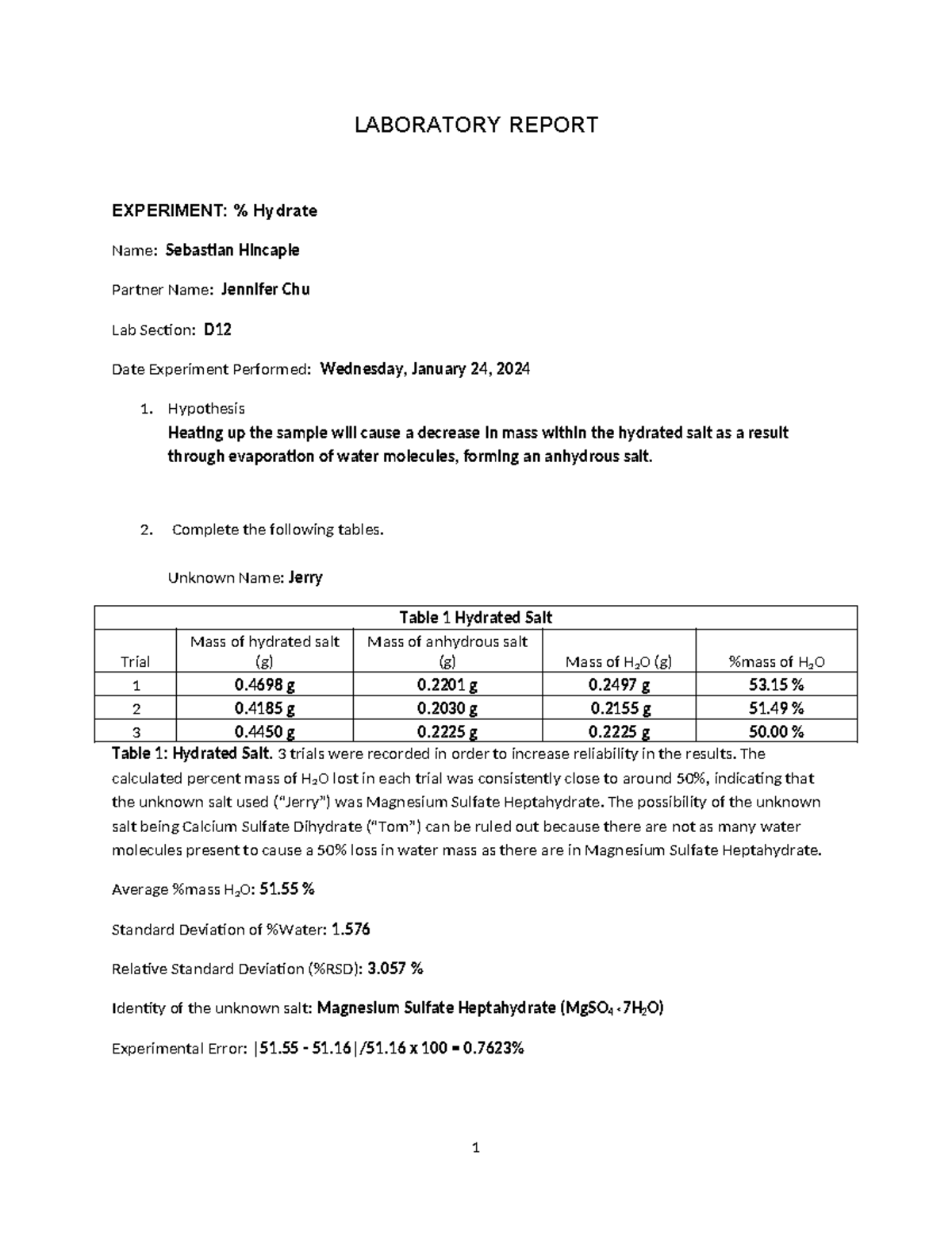 Experiment 5 Percent Water in a Hydrated Salt LABORATORY REPORT