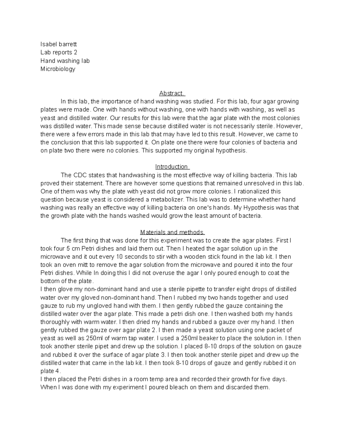 Lab report 2 hand washing Isabel barrett Lab reports 2 Hand washing