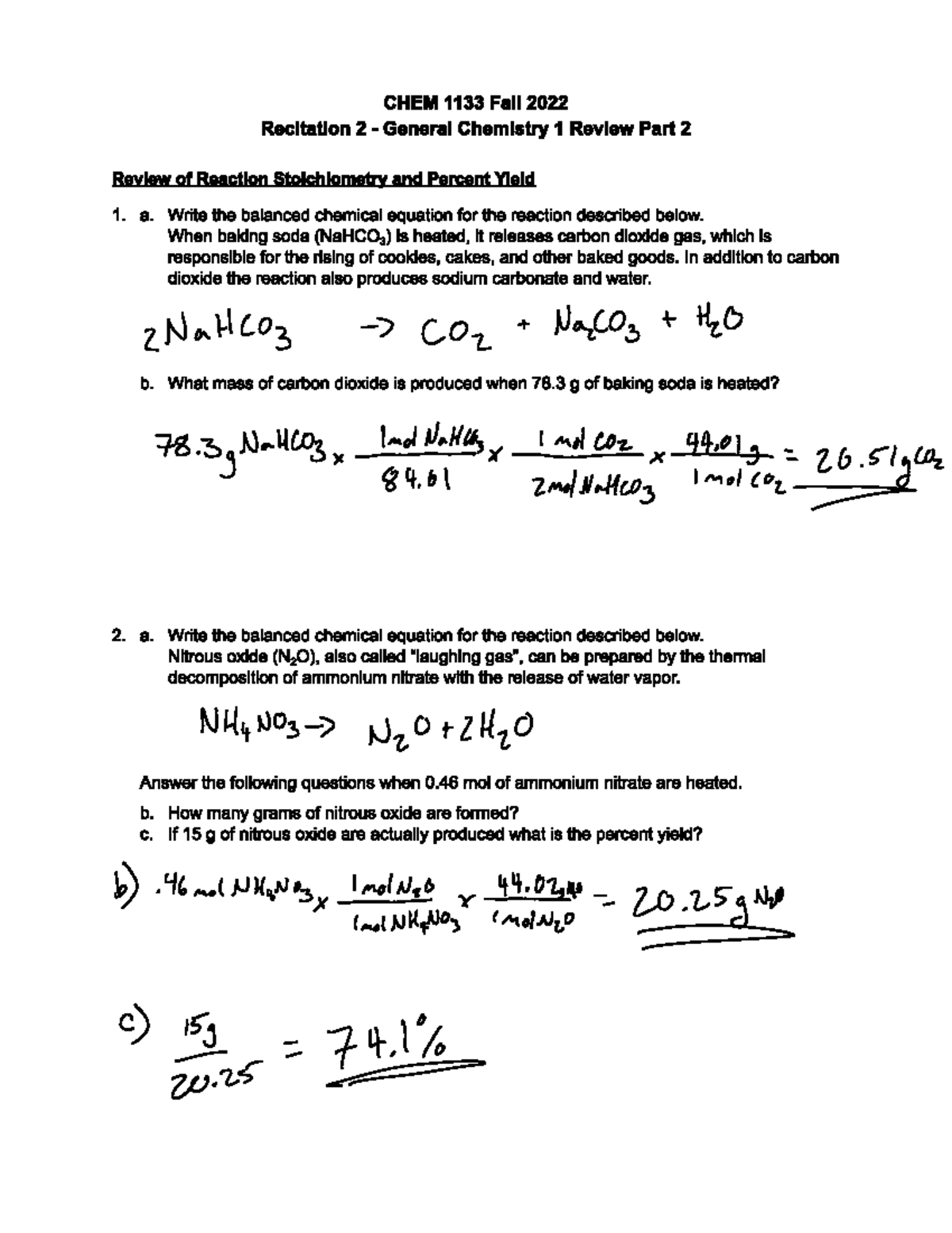 Recitation 2: Gen Chem 1 Review - Natl coz ³ coz + Nazcoz + Hzo 78 ...