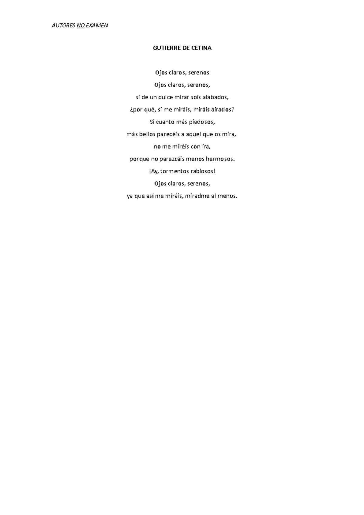 Poemas de autores GUTIERRE DE CETINA Ojos claros, serenos Ojos claros
