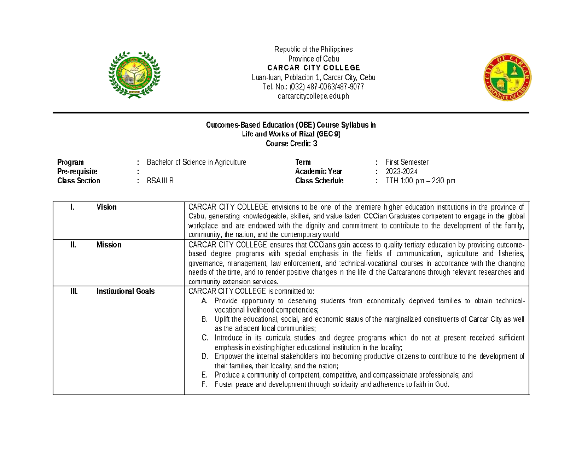 Syllabus For Rizal - Outcomes-Based Education (OBE) Course Syllabus In ...