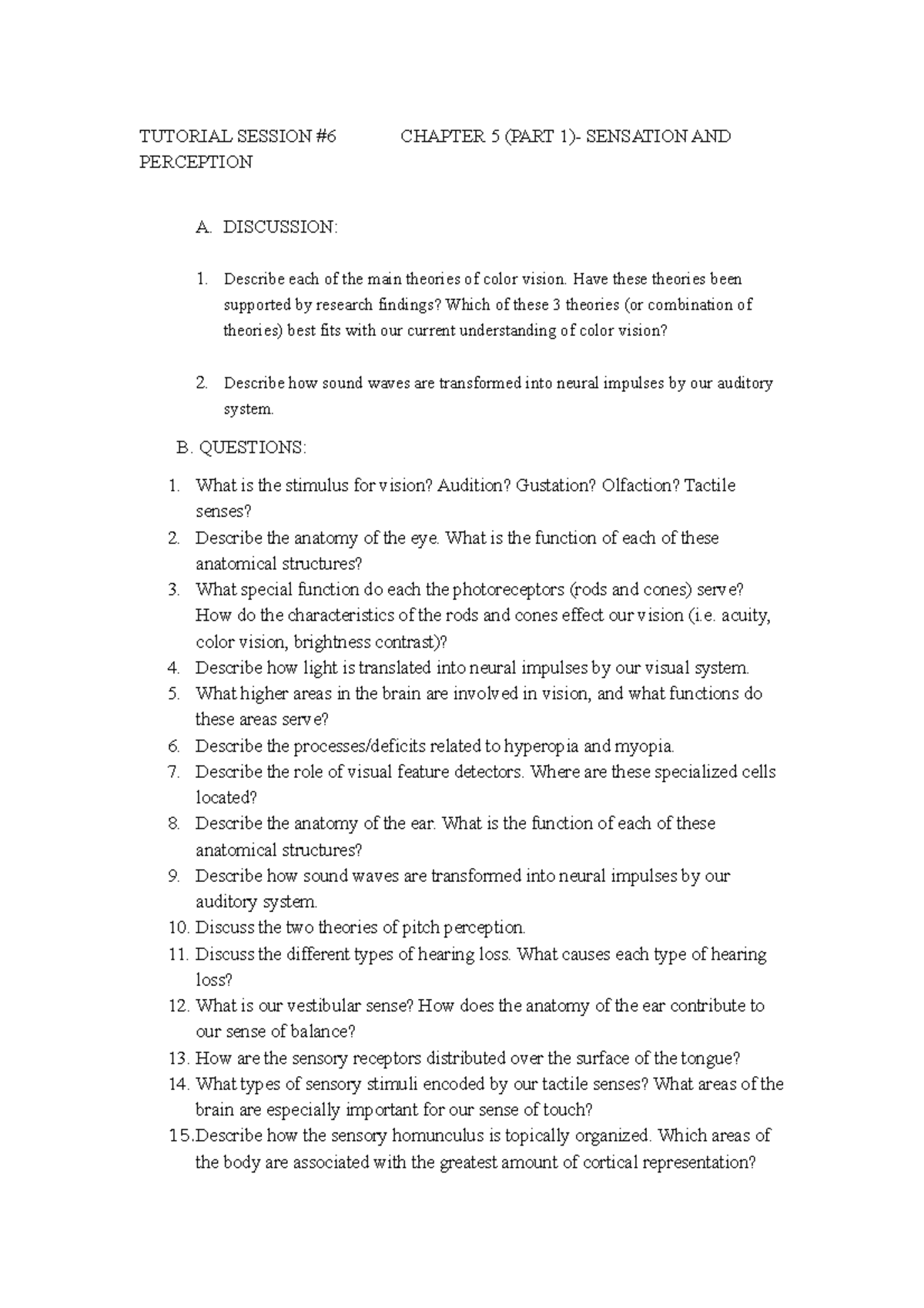 Tutorial 6 psych questions neuroscience chapter 3 - TUTORIAL SESSION #6 ...