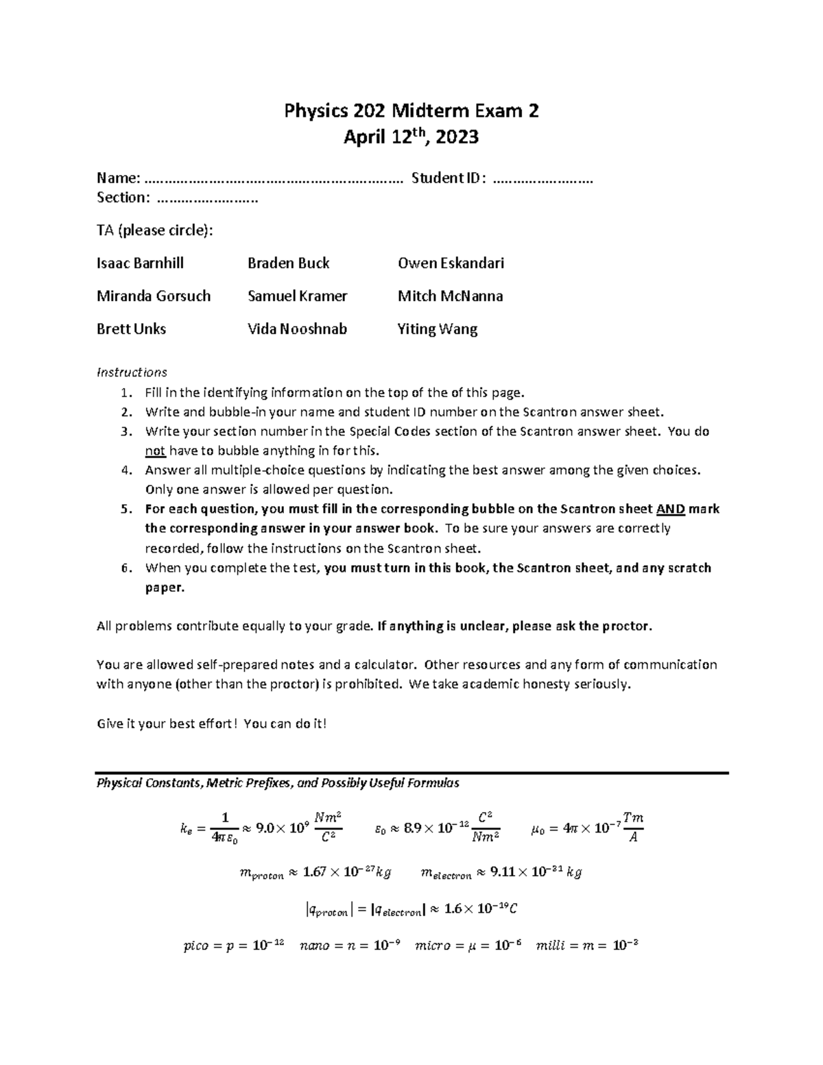 PHY202 Exam II SP2023 - Practice problems - Physics 202 Midterm Exam 2 ...