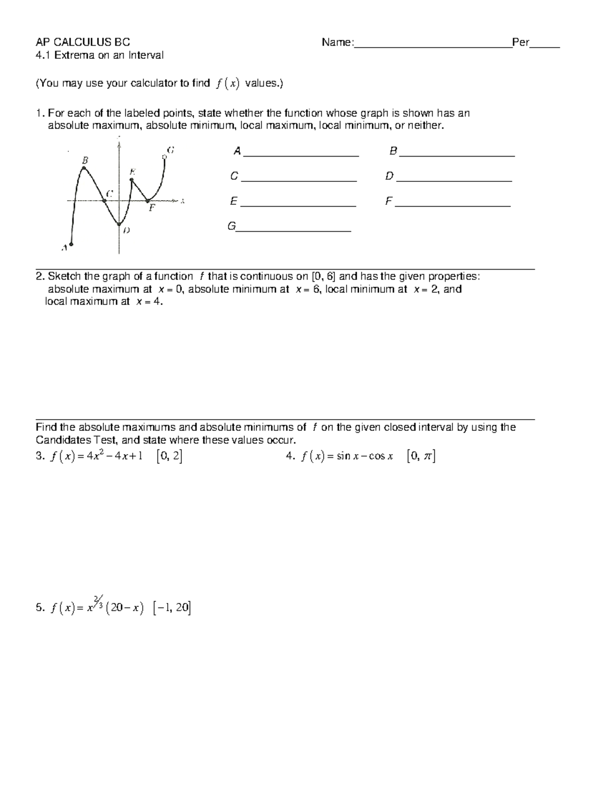4-1 Extrema on an Interval - AP CALCULUS BC Name ...
