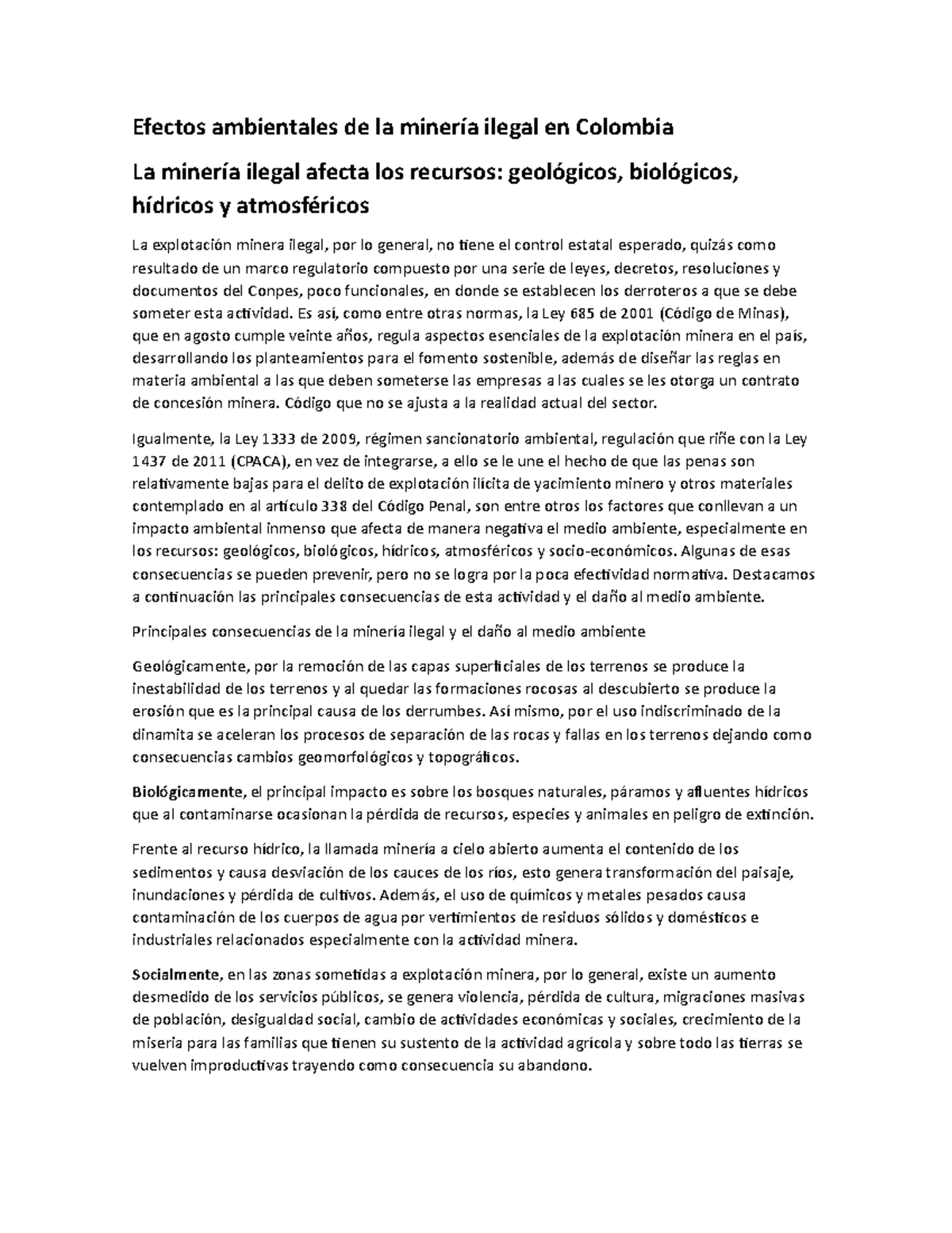 Efectos ambientales de la minería ilegal en Colombia - Efectos ...