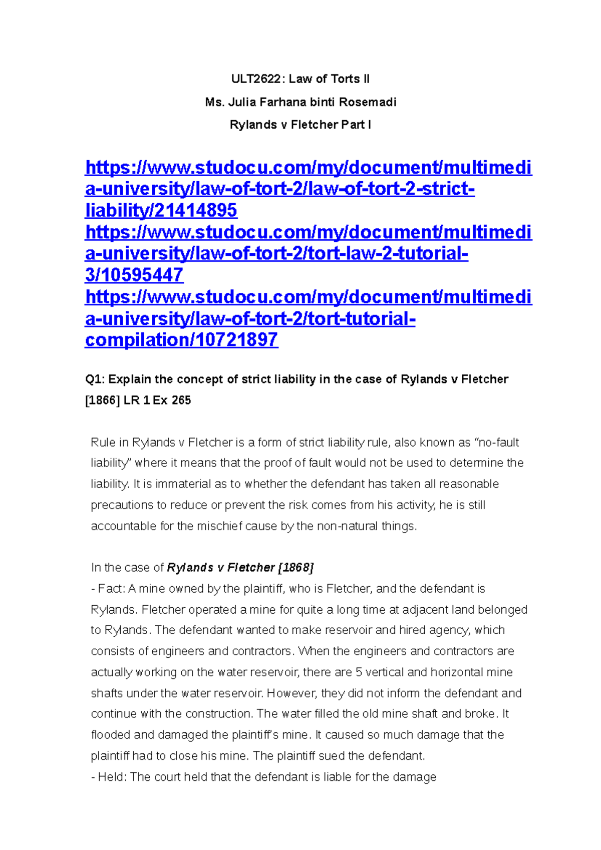 (Rylands v Fletcher Part I) - ULT2622: Law of Torts II Ms. Julia ...