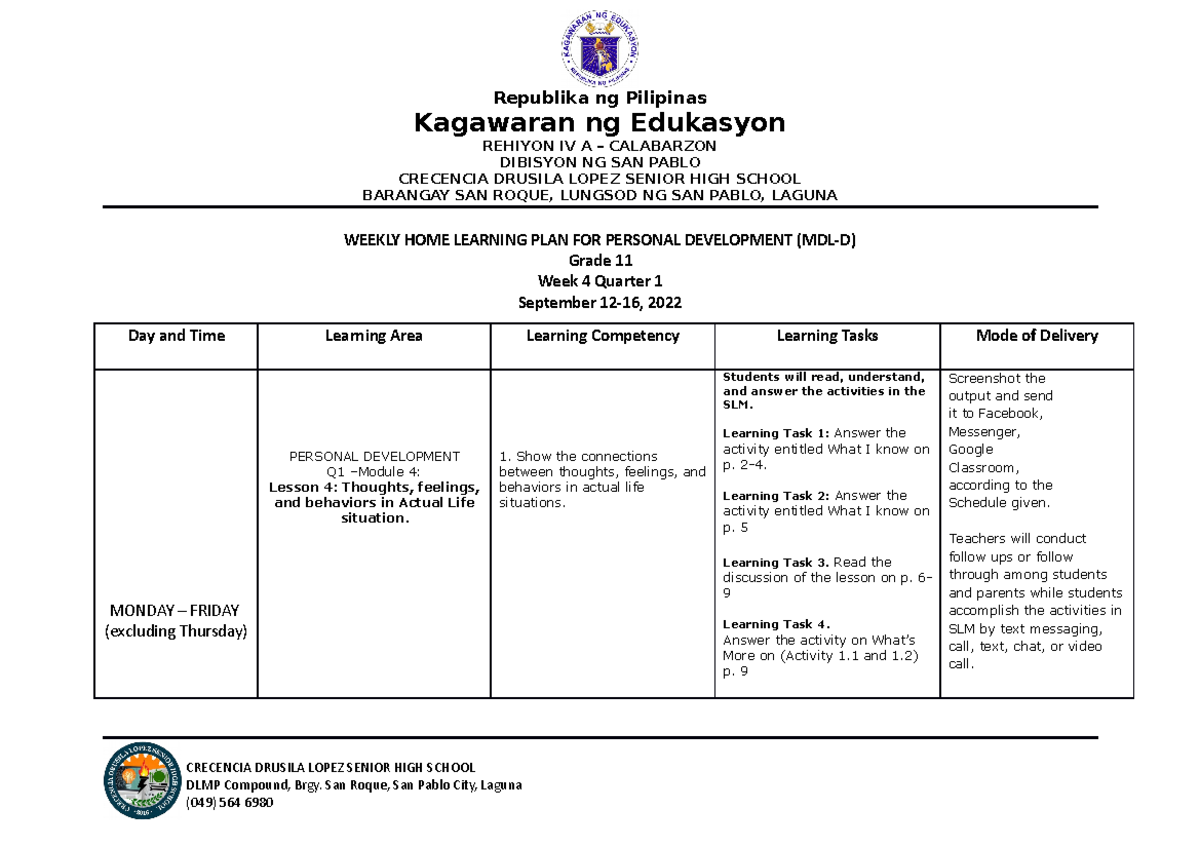 Whlp Week 4 For Personal Development - Republika Ng Pilipinas Kagawaran 