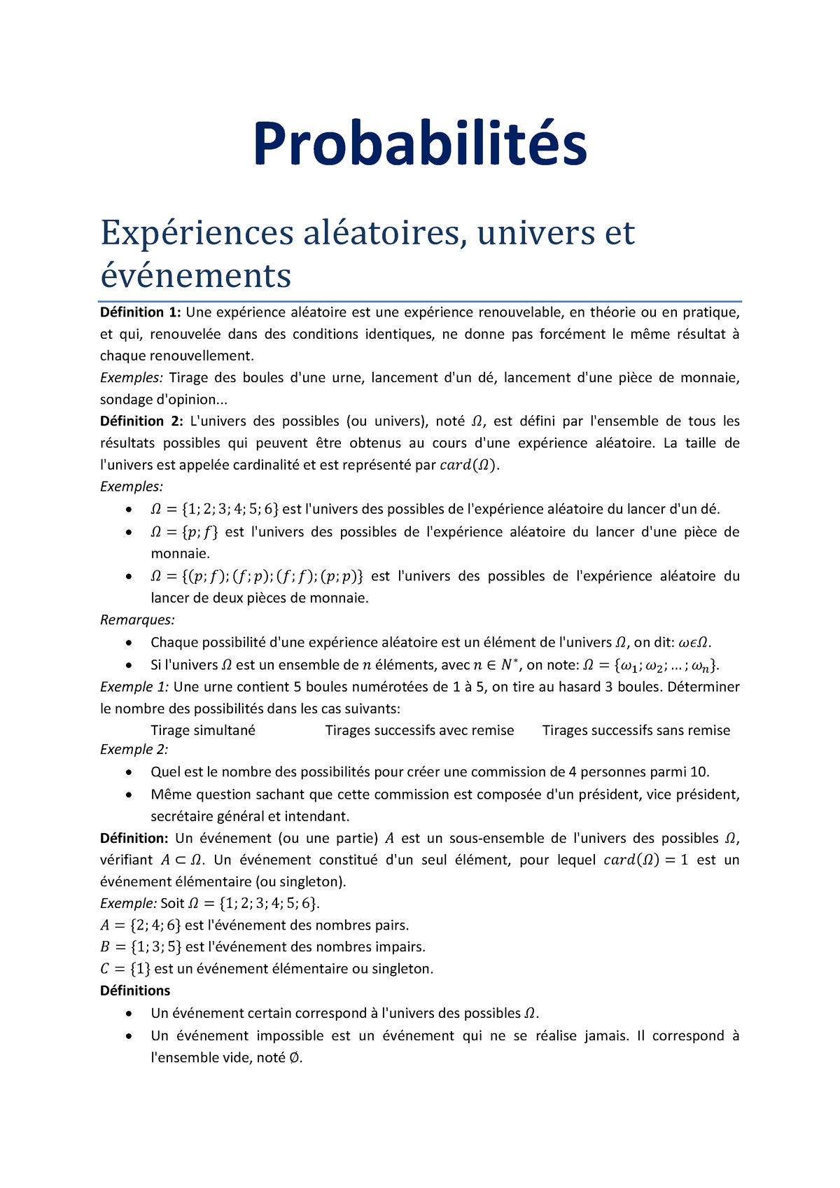 Chapitre 1 : Expériences Aléatoires, Univers Et événements ...