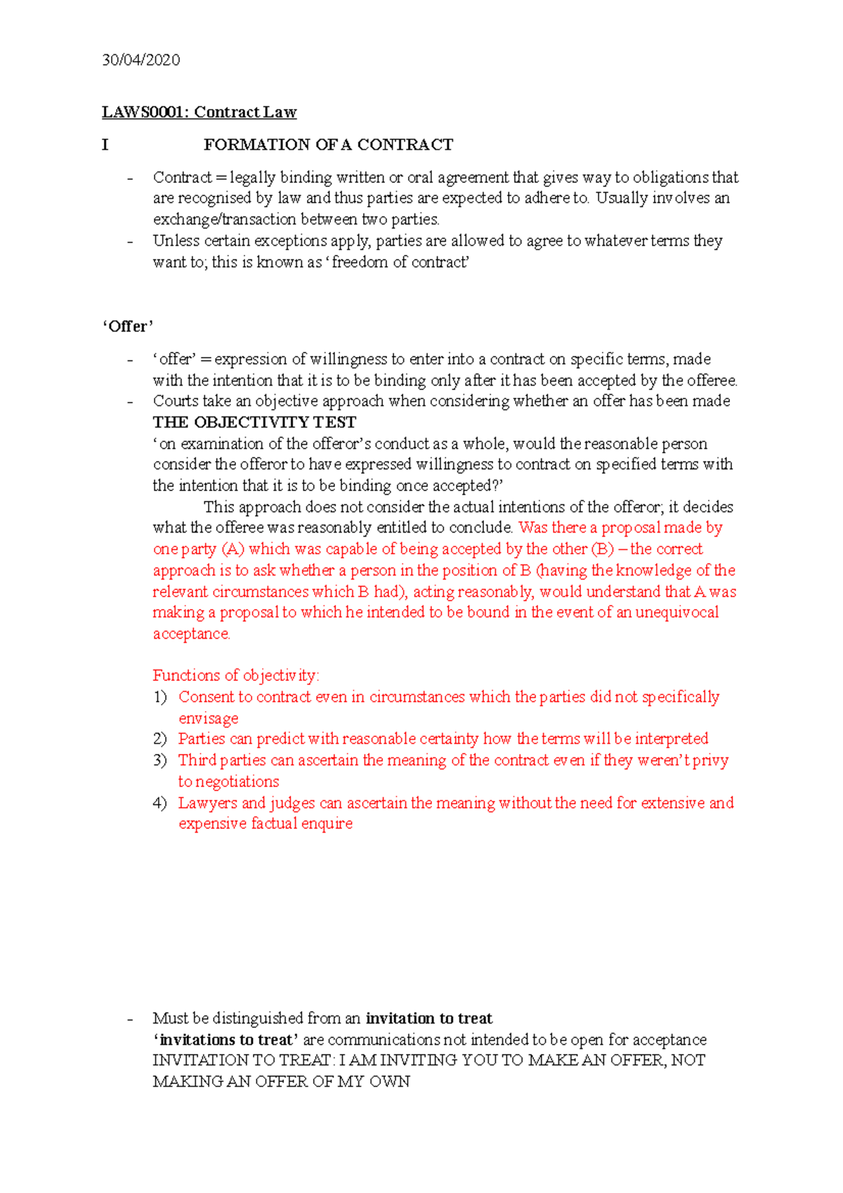 Contract law (law teacher notes) - LAWS0001: Contract Law I FORMATION ...