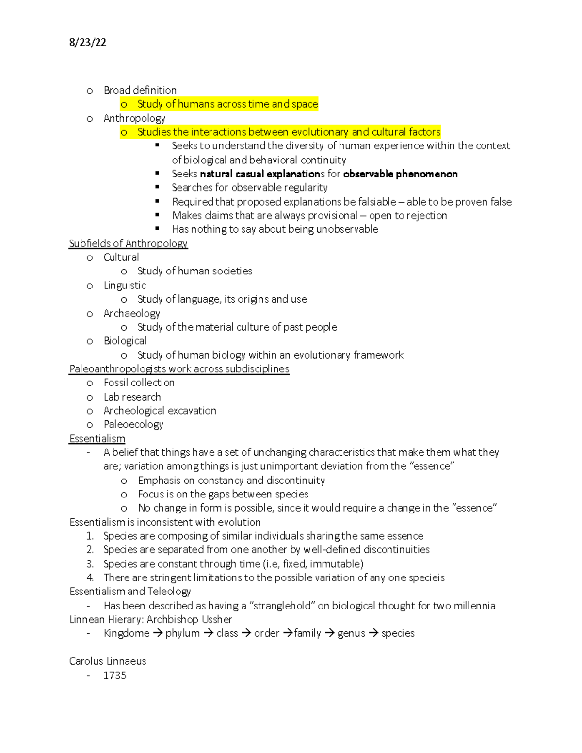 Biological Anthropology notes - 8/23/ o Broad definition o Study of ...