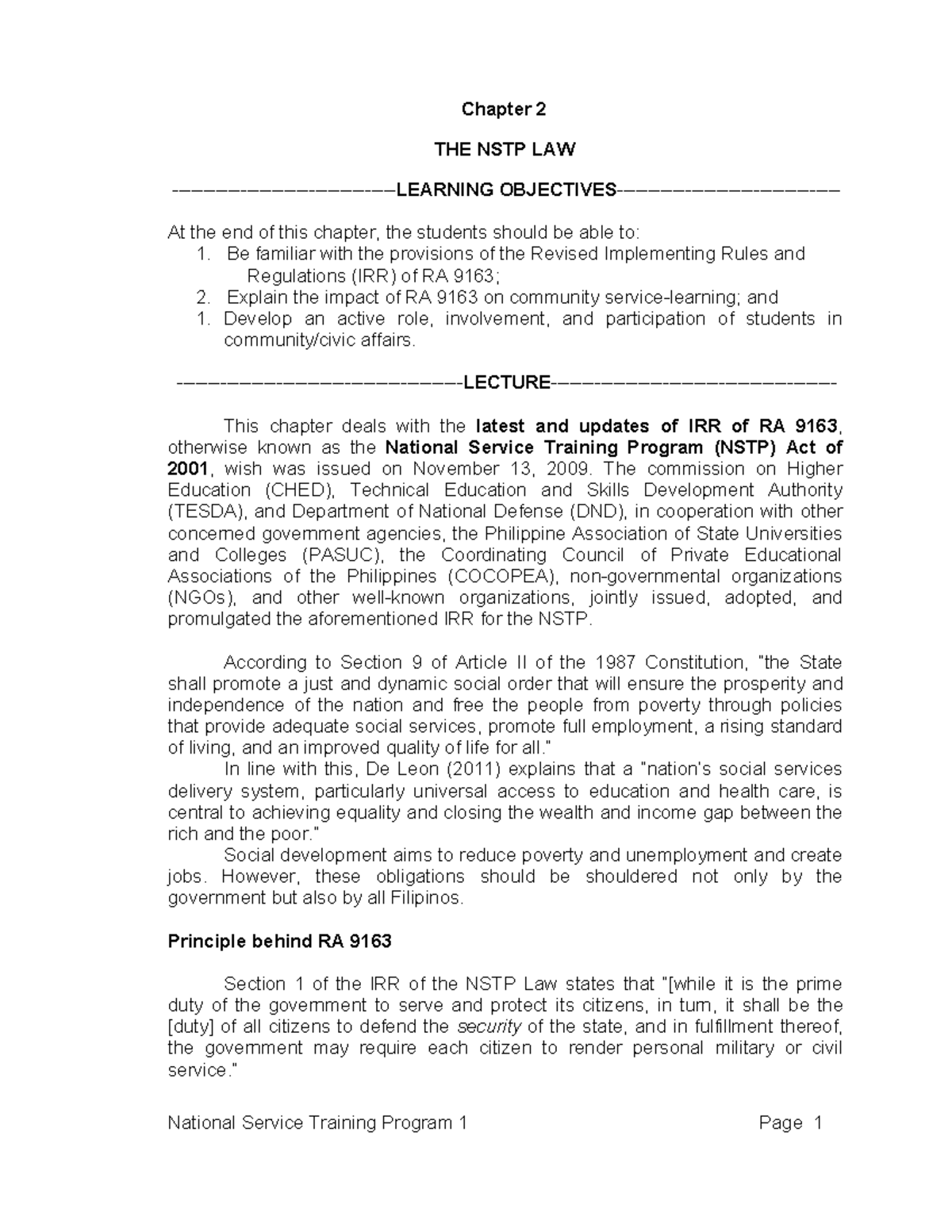 NSTP LAW A Brief Summary Of NSTP Law Or RA 9163 And Everything You 