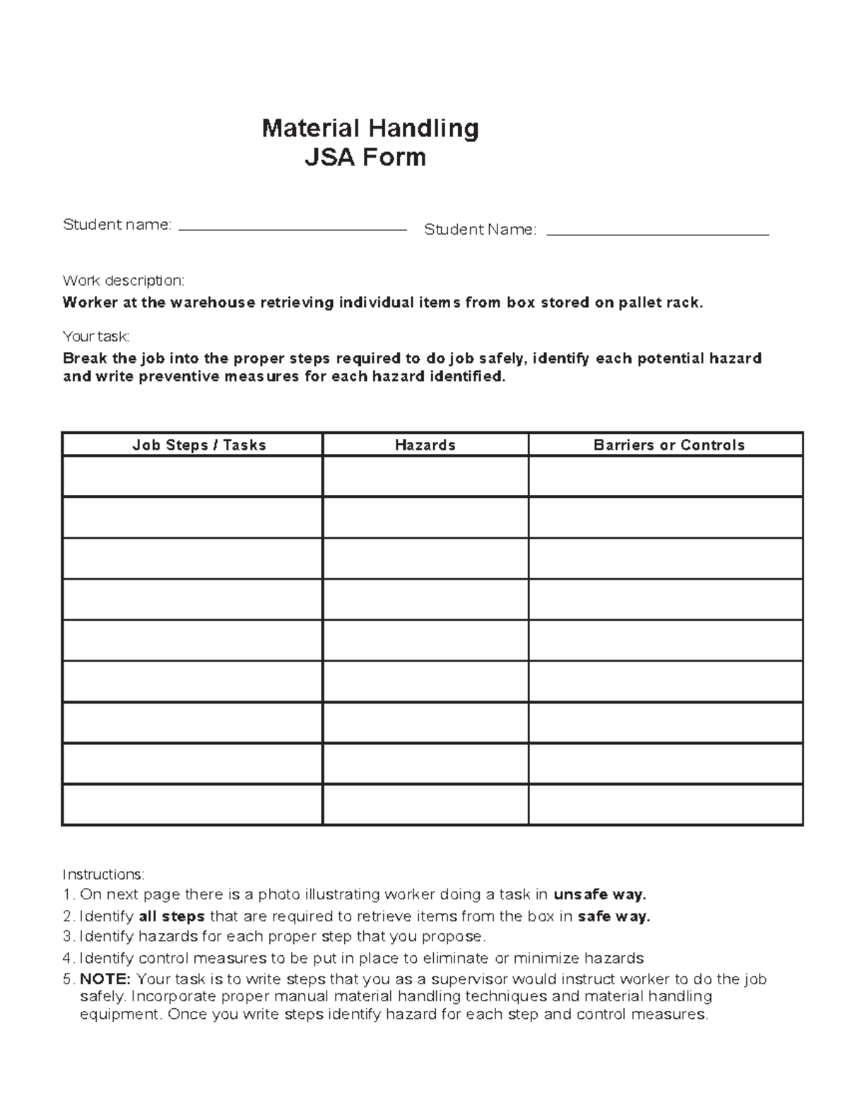 Case Study 3 - JSA - 123456 - Material Handling JSA Form Student name ...
