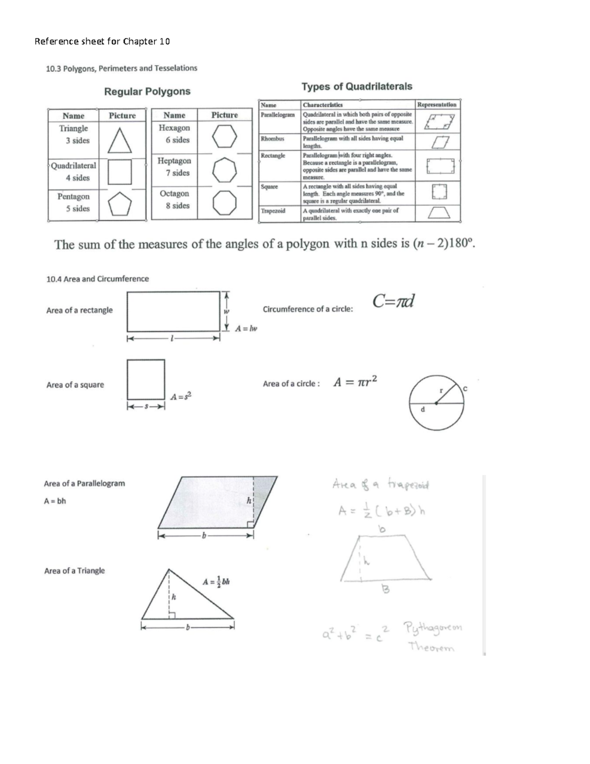 Reference sheet for Chapter 10 - MAT 1100 - Reference sheet for Chapter ...