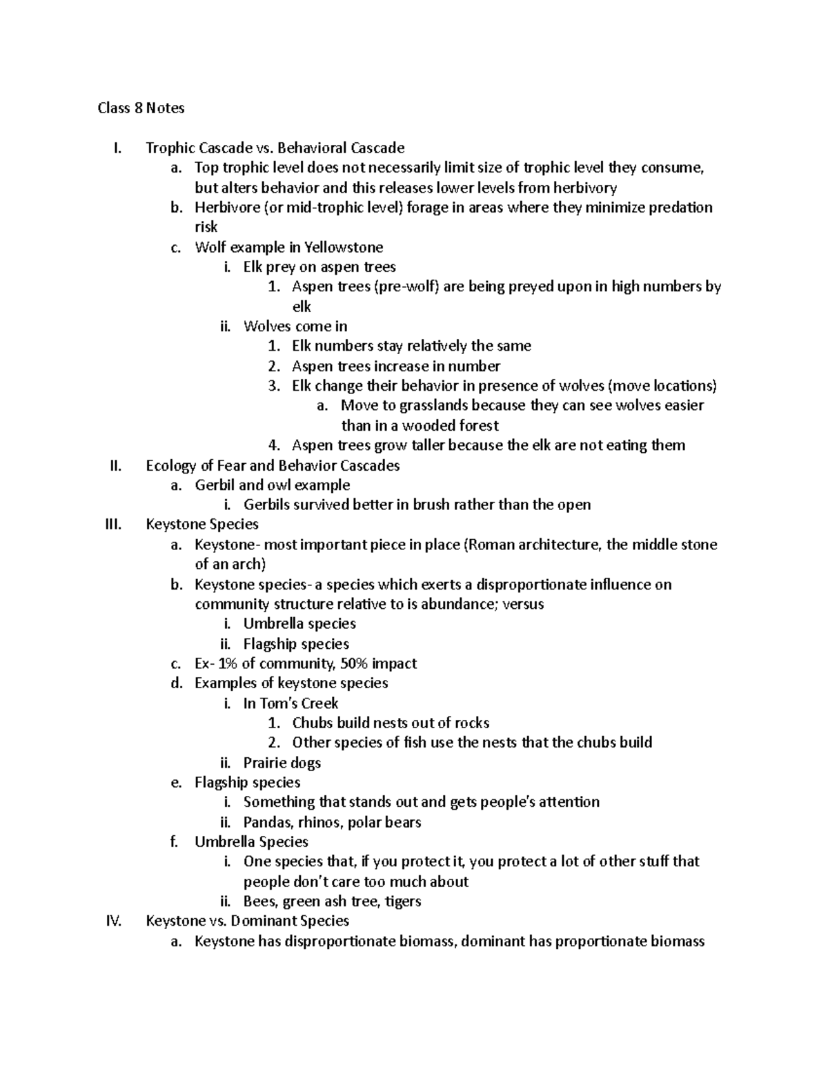 FIW2114- Class 8 Notes - Class 8 Notes I. Trophic Cascade vs ...