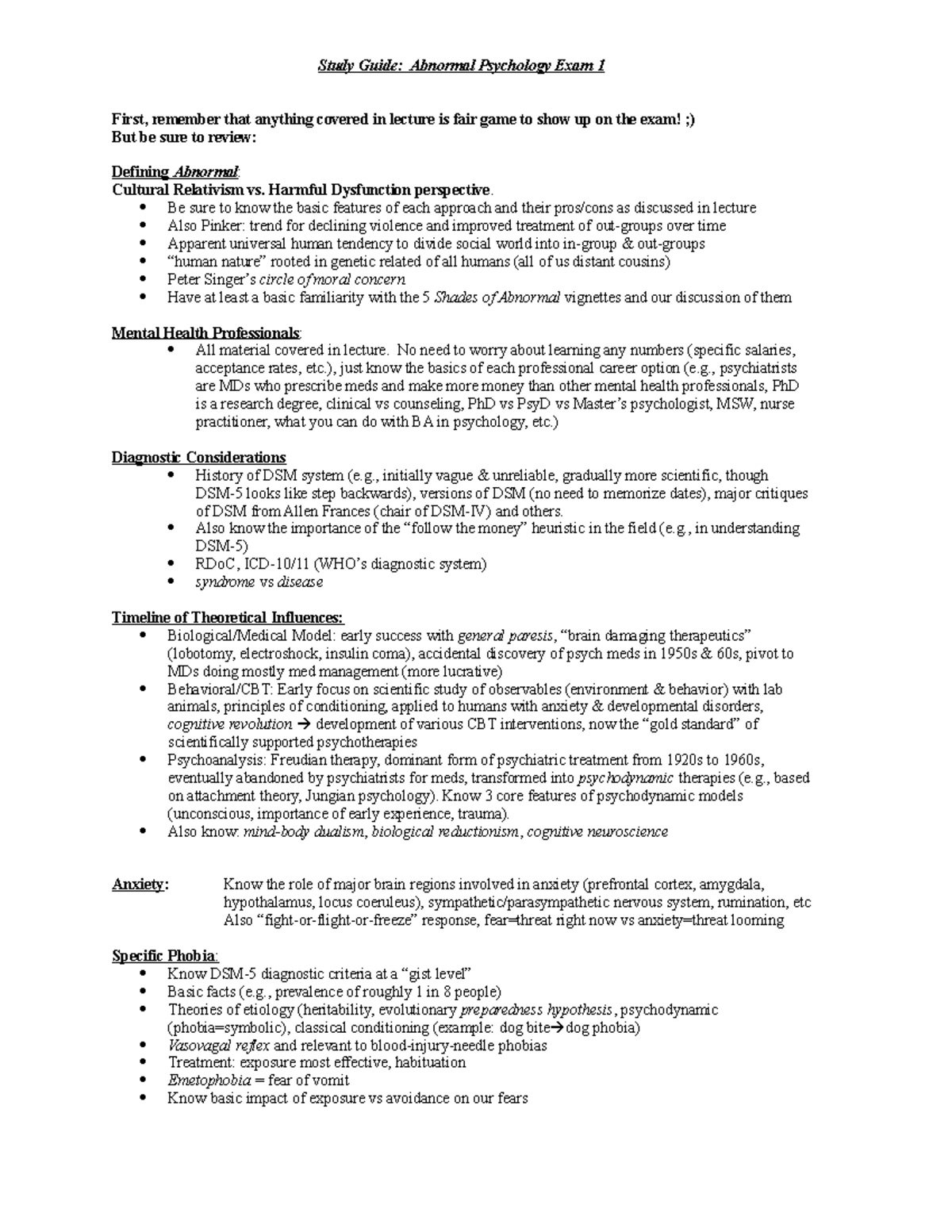 PSYC 350 - Exam 1 Study Guide - 2022 - Study Guide: Abnormal Psychology ...