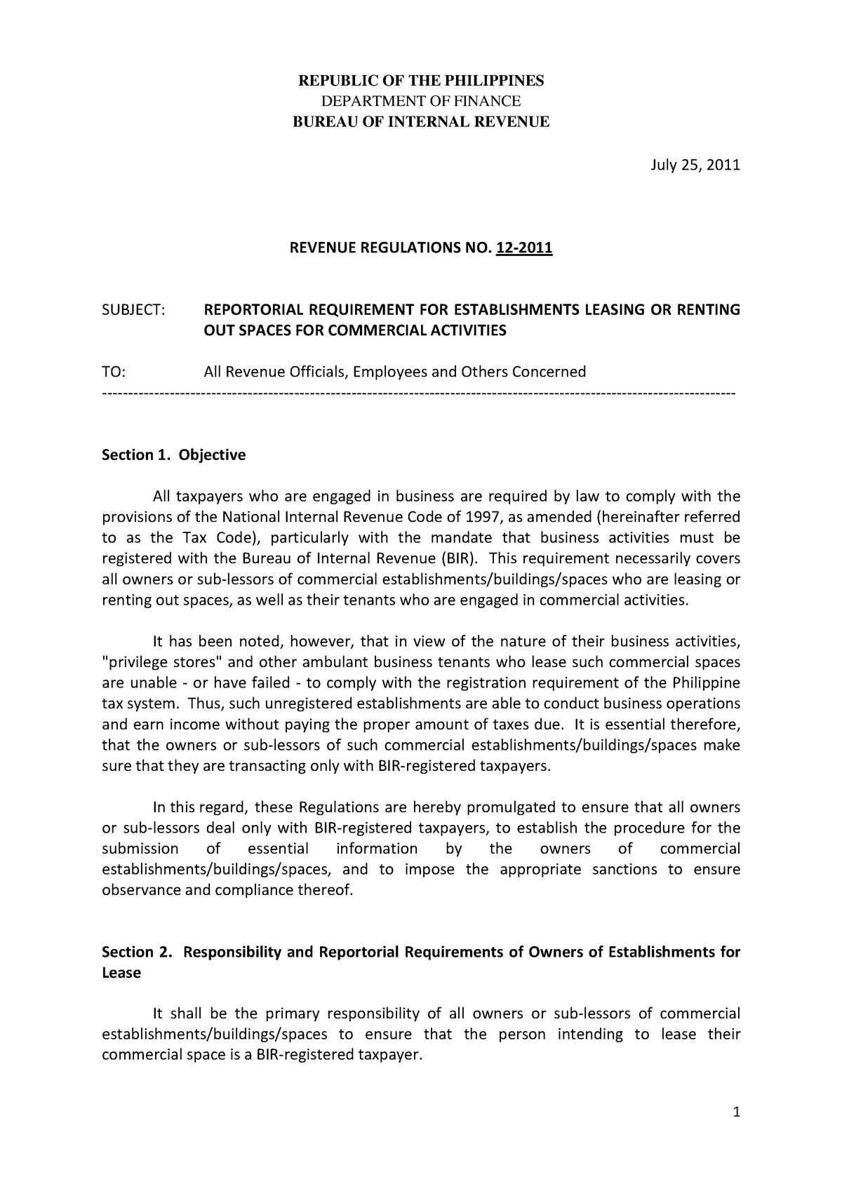 59293 RR 12-2011 - tax - REPUBLIC OF THE PHILIPPINES DEPARTMENT OF ...