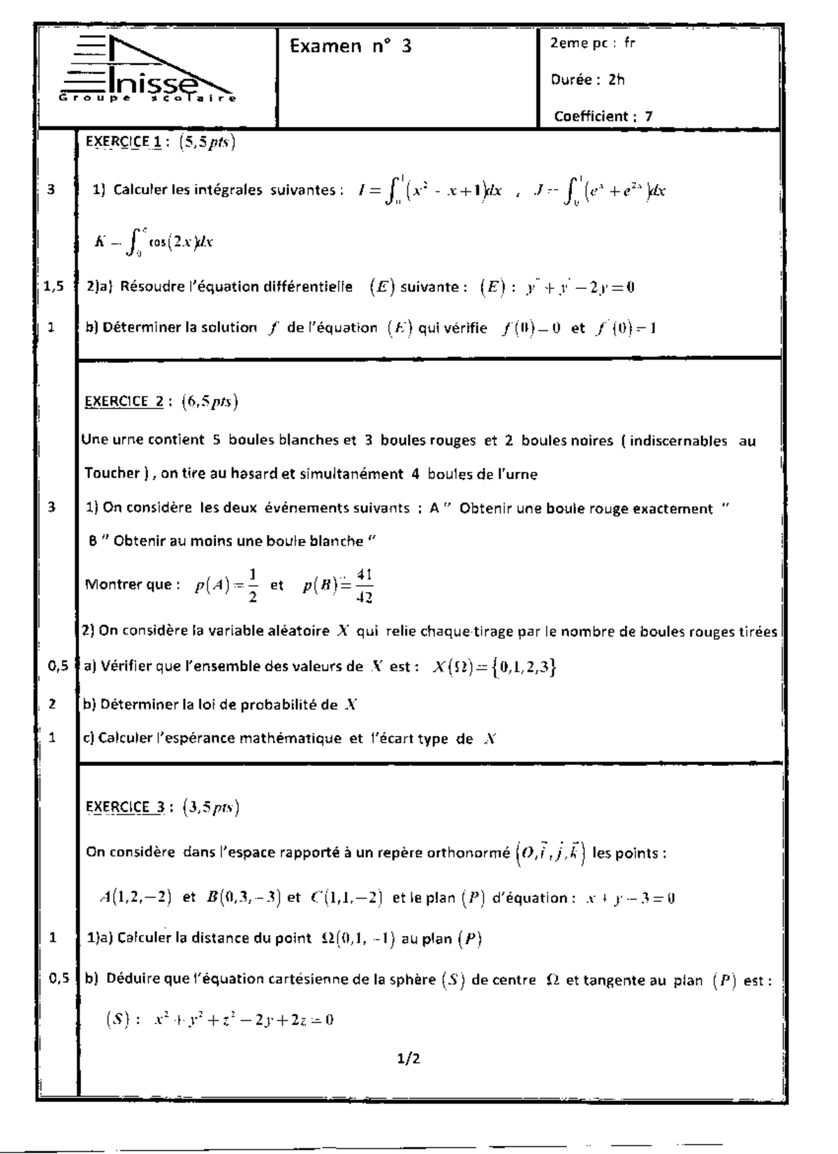 Devoir 3 Maths 2bac Sciences Physiques BIOF 2nd Semestre Modele 1 ...