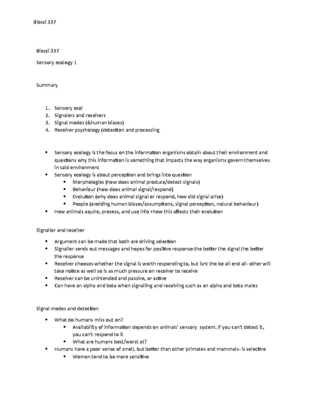 Document - basic notes and summaries - Biosci 337 Biosci 337 Sensory ...