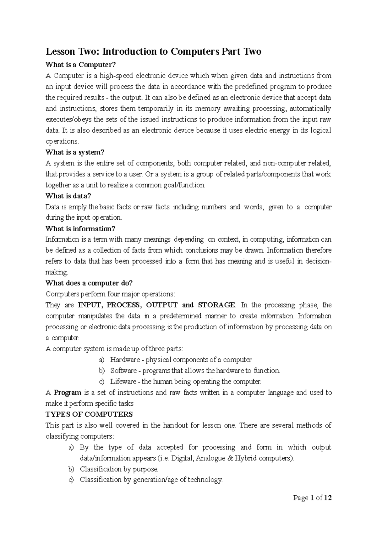 Lesson Two - More Details - Lesson Two: Introduction to Computers Part ...