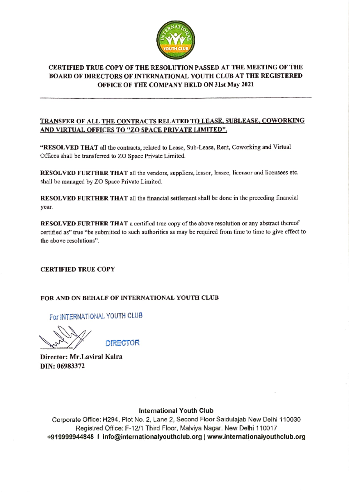 Board Resolution IYC Zospace - NTO YOUTH CLUB CERTIFIED TRUE CoPY OF ...