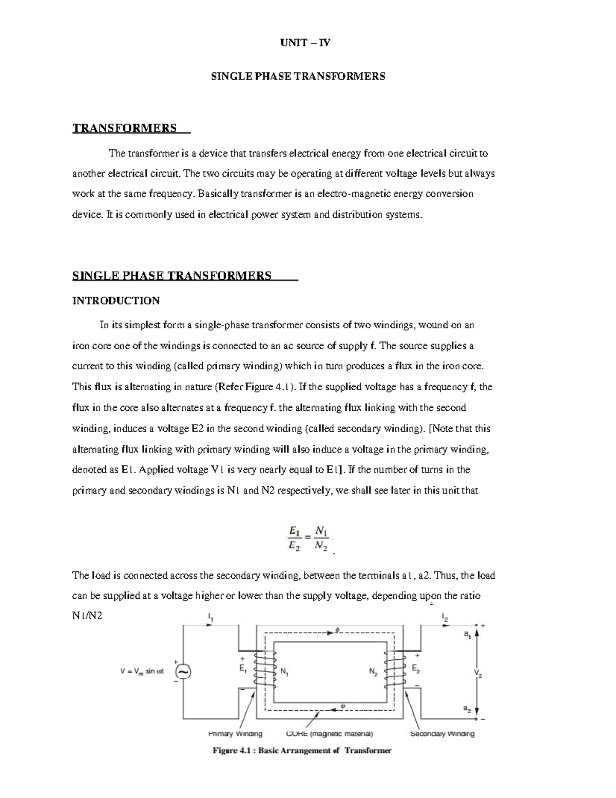 Single Phase Transformer Notes - UNIT – IV SINGLE PHASE TRANSFORMERS ...