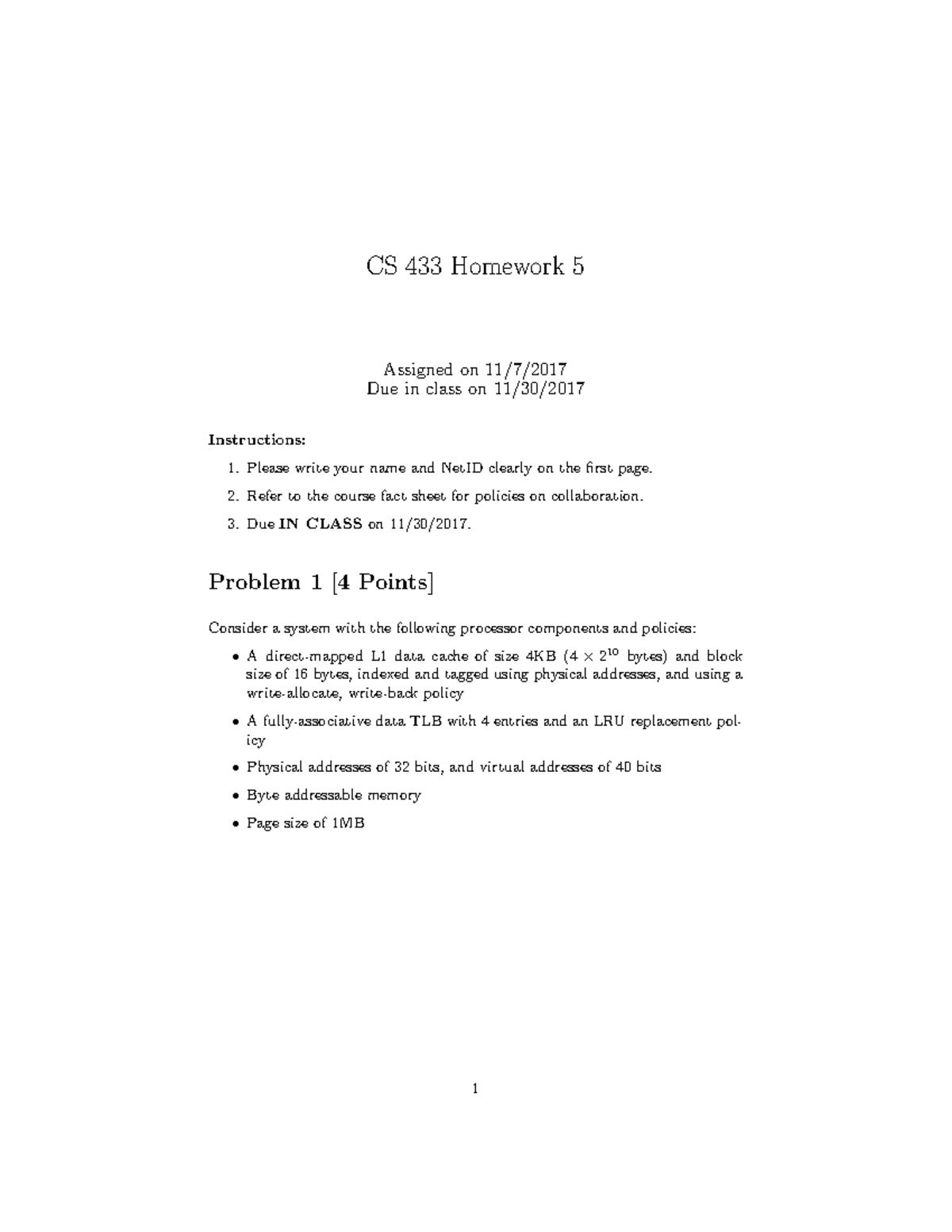 HW5 Sol - HW5 - CS 433 Homework 5 Assigned On 11/7/ Due In Class On 11 ...