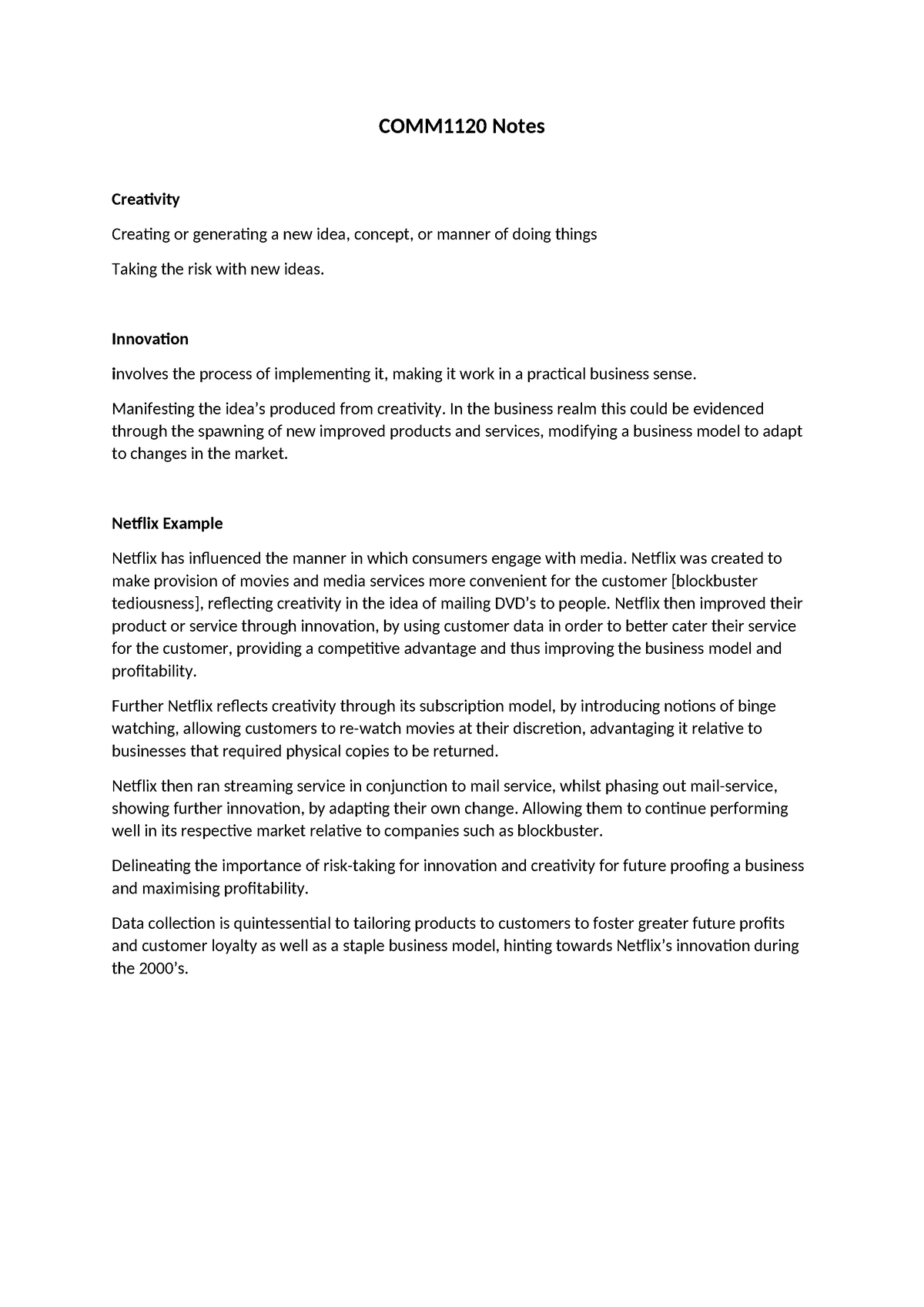 COMM1120 Notes - Document - COMM1120 Notes Creativity Creating Or ...