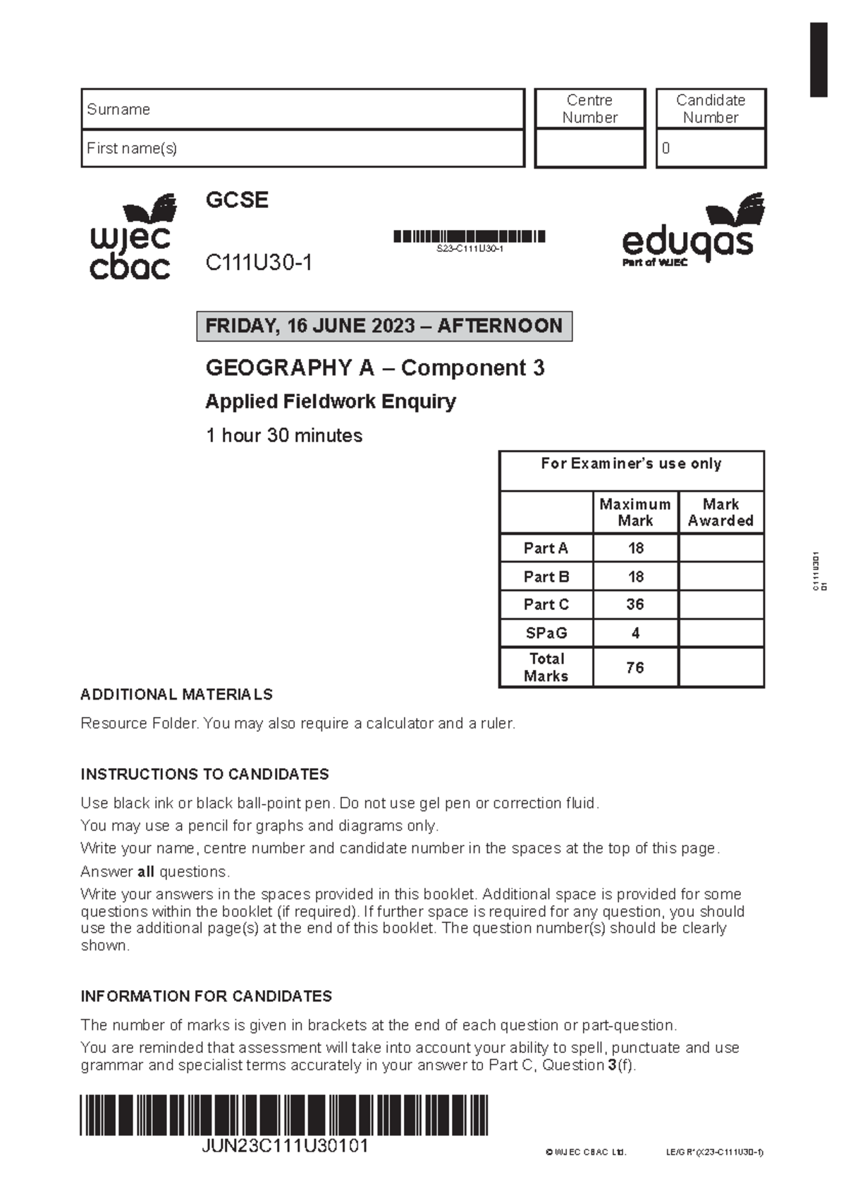 GCSE Geog June 2023 Paper 3 - Applied Fieldwork - C 111 U 3 0 1 0 1 LE ...