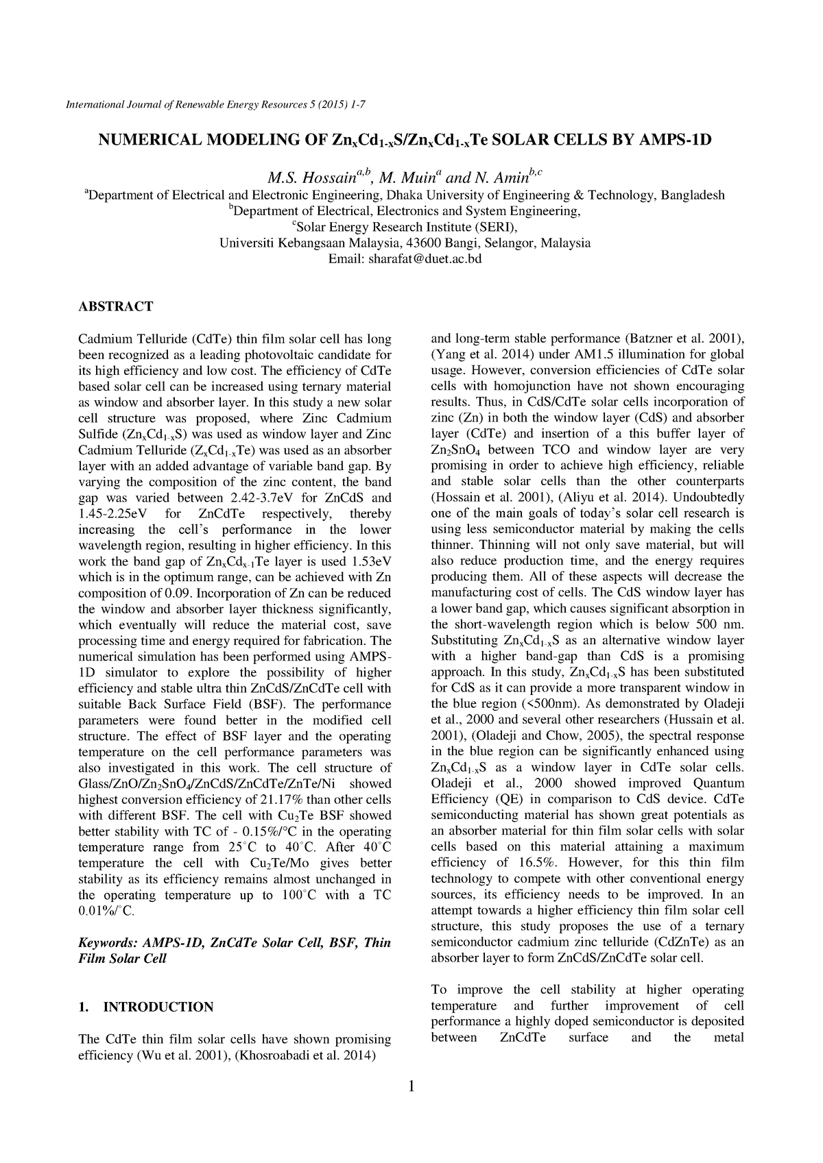 Numerical Modeling OF Znx Cd 1-x S Znx Cd 1-x Te Solar Cells BY AMPS-1D ...