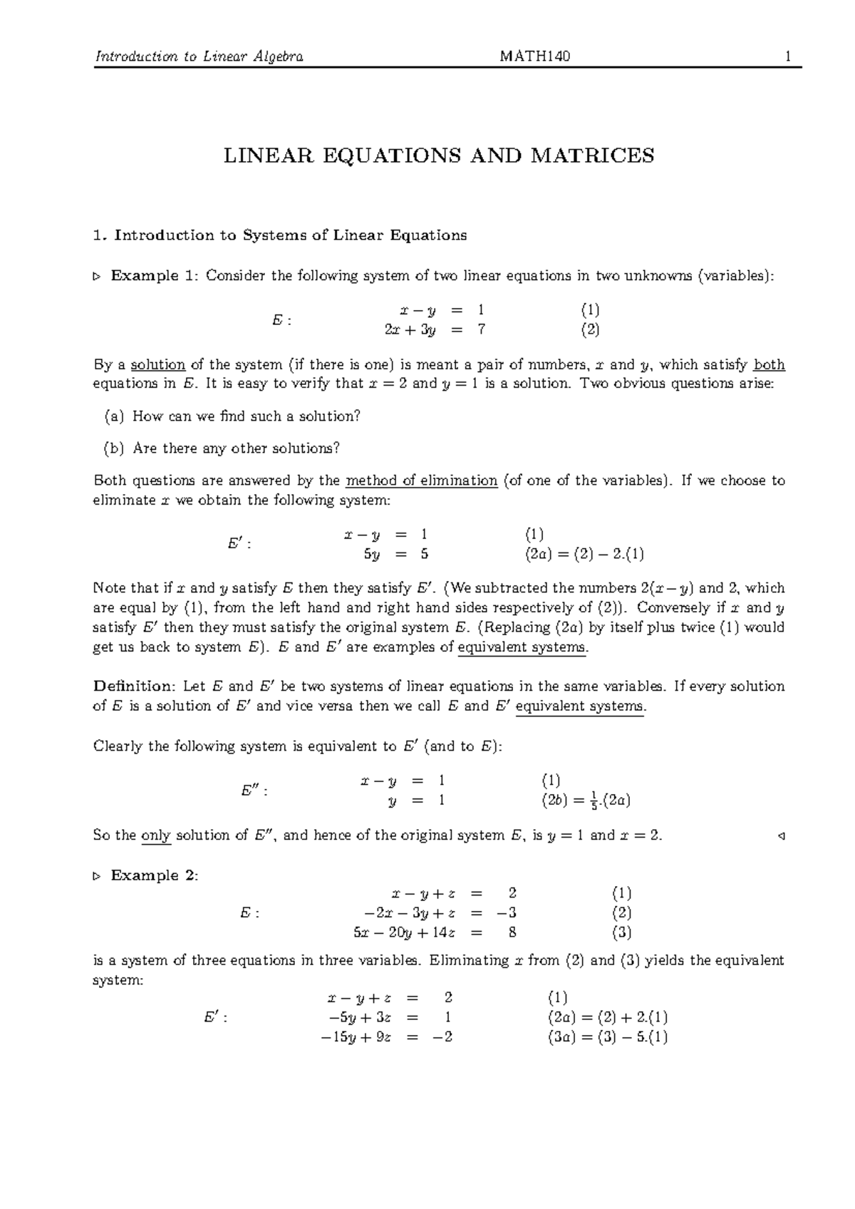 Linear Algebra Notes Part 1 - LINEAR EQUATIONS AND MATRICES ...