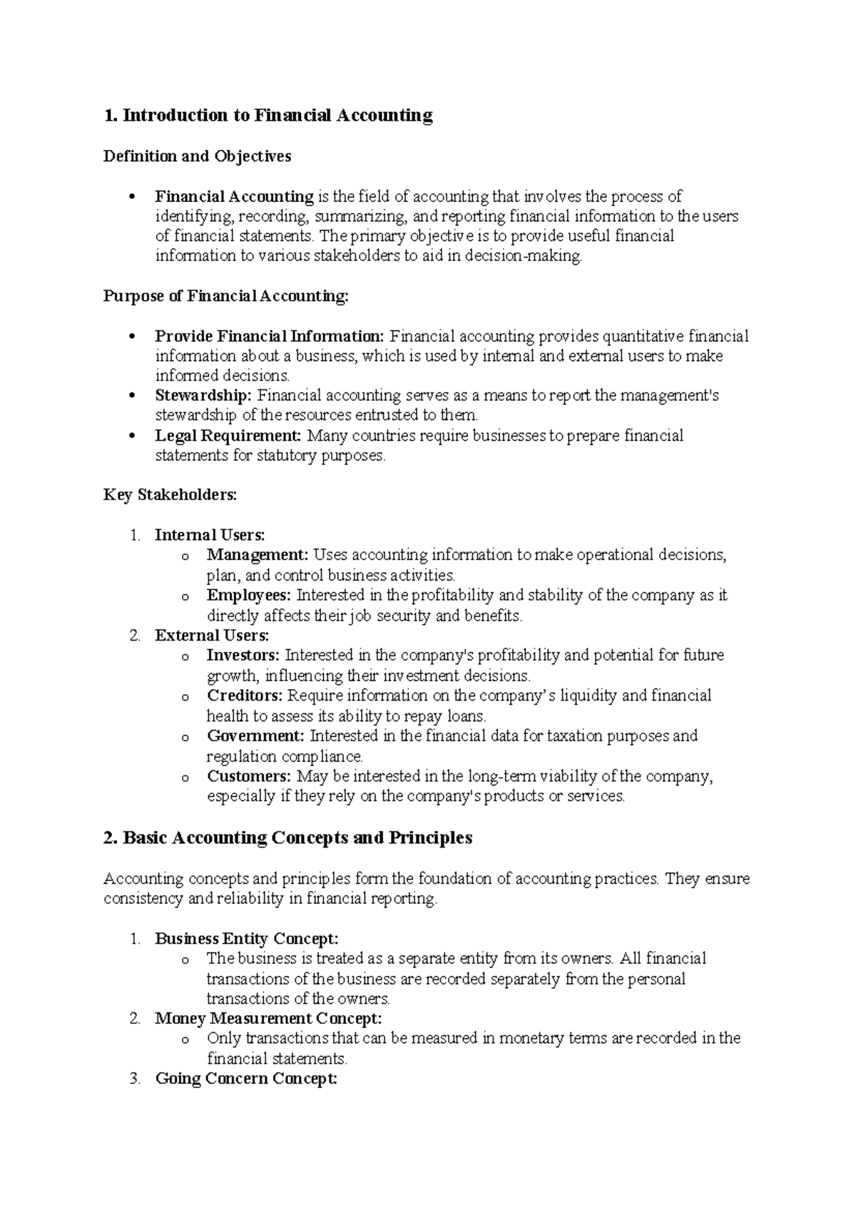 FA Notes 1 - 1. Introduction to Financial Accounting Definition and ...