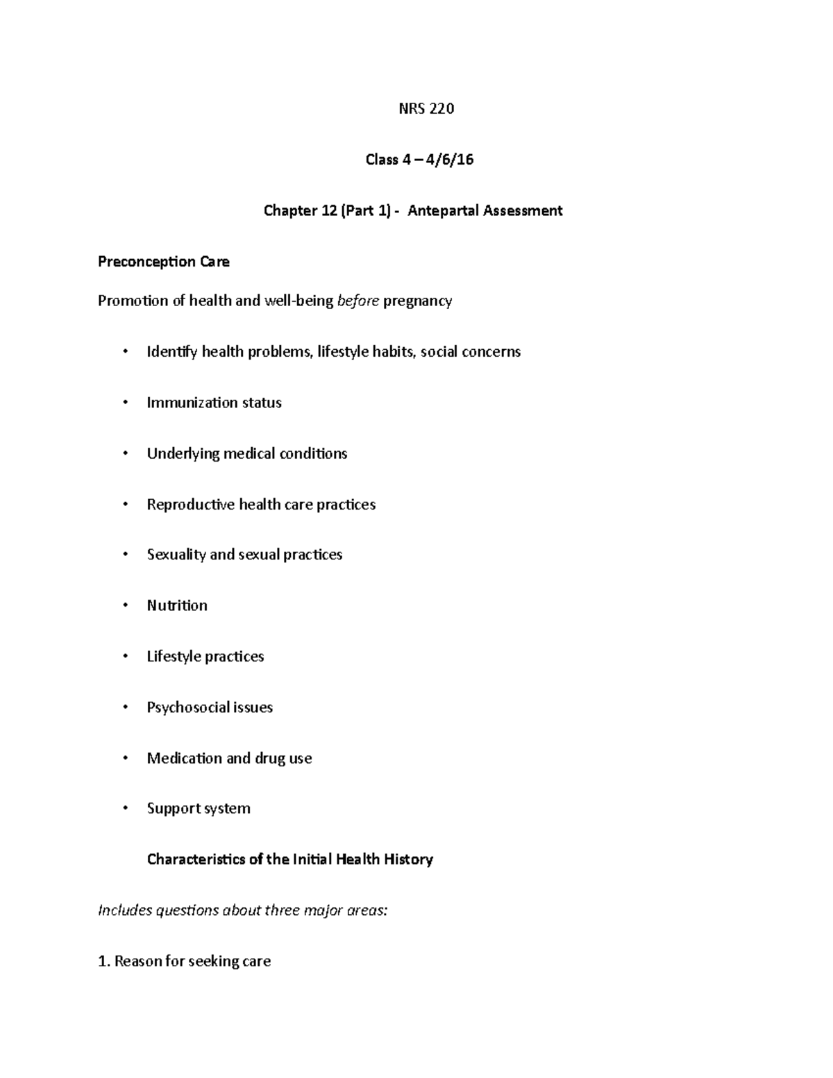 NRS 220 - Chapter 12 Notes (Part 1) - NRS 220 Class 4 – 4/6/ Chapter 12 ...