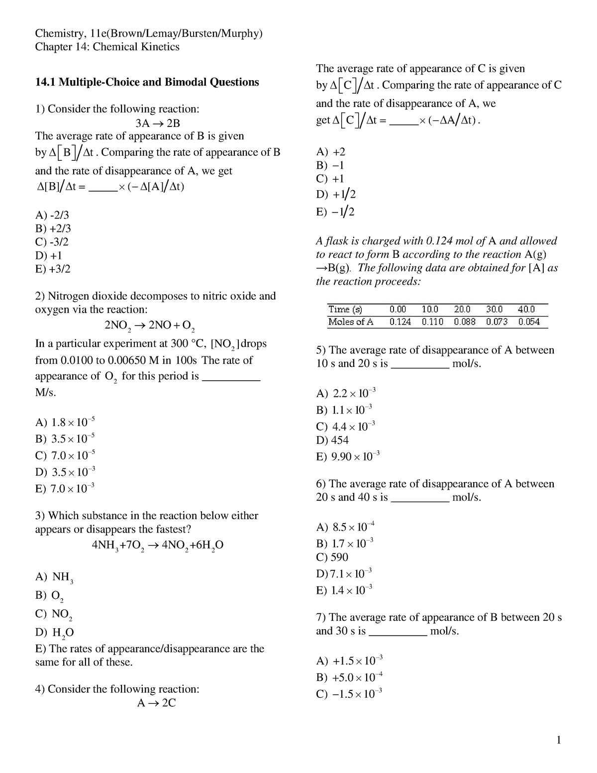 Ch14 Chemical Kinetics - Chapter 14: Chemical Kinetics 14 Multiple ...