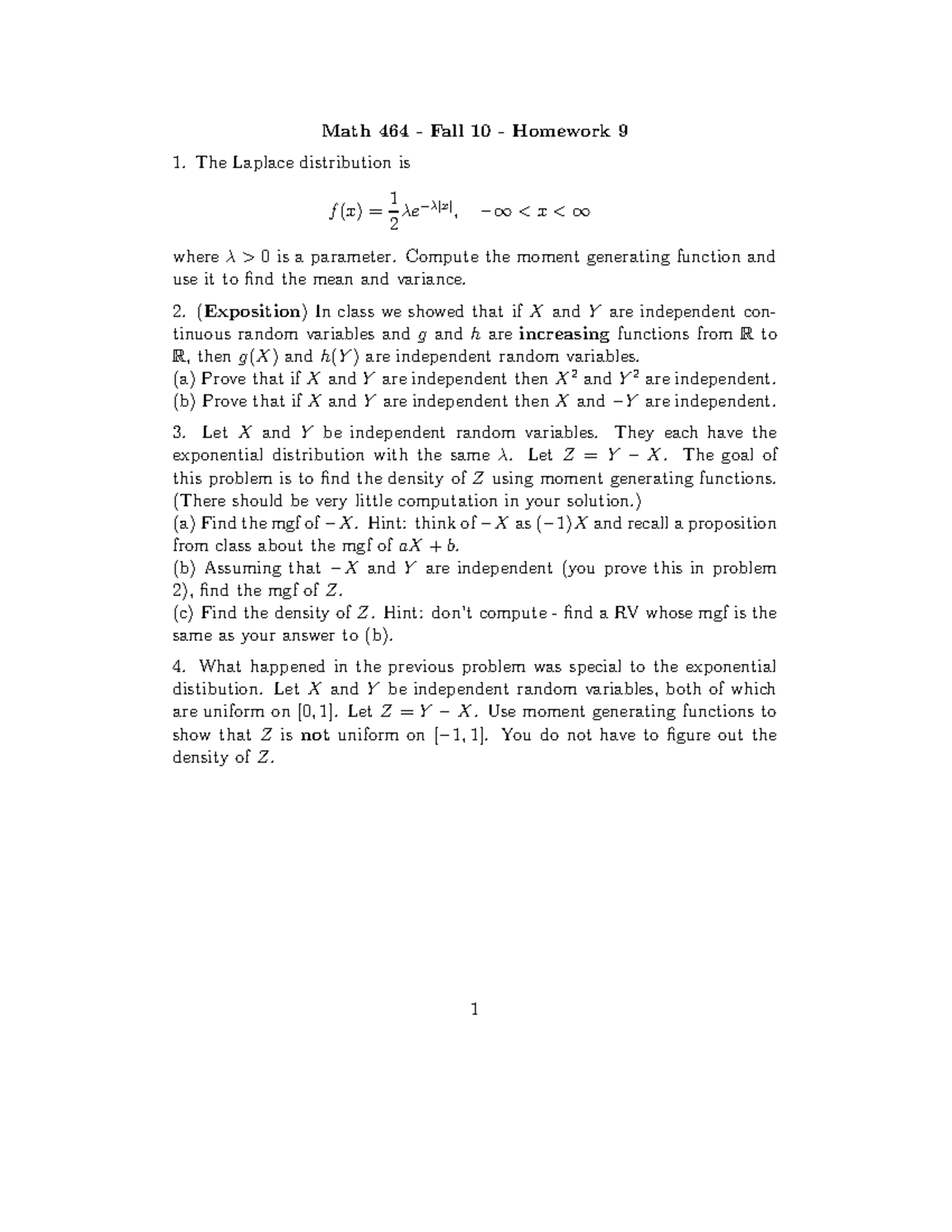 Hmwk9 - Homework Assignment 9 - Math 464 Fall 10 Homework 9 1. The ...