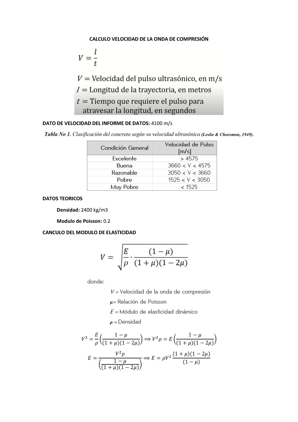 Calculo Ensayo DE Ultrasonido - CALCULO VELOCIDAD DE LA ONDA DE ...